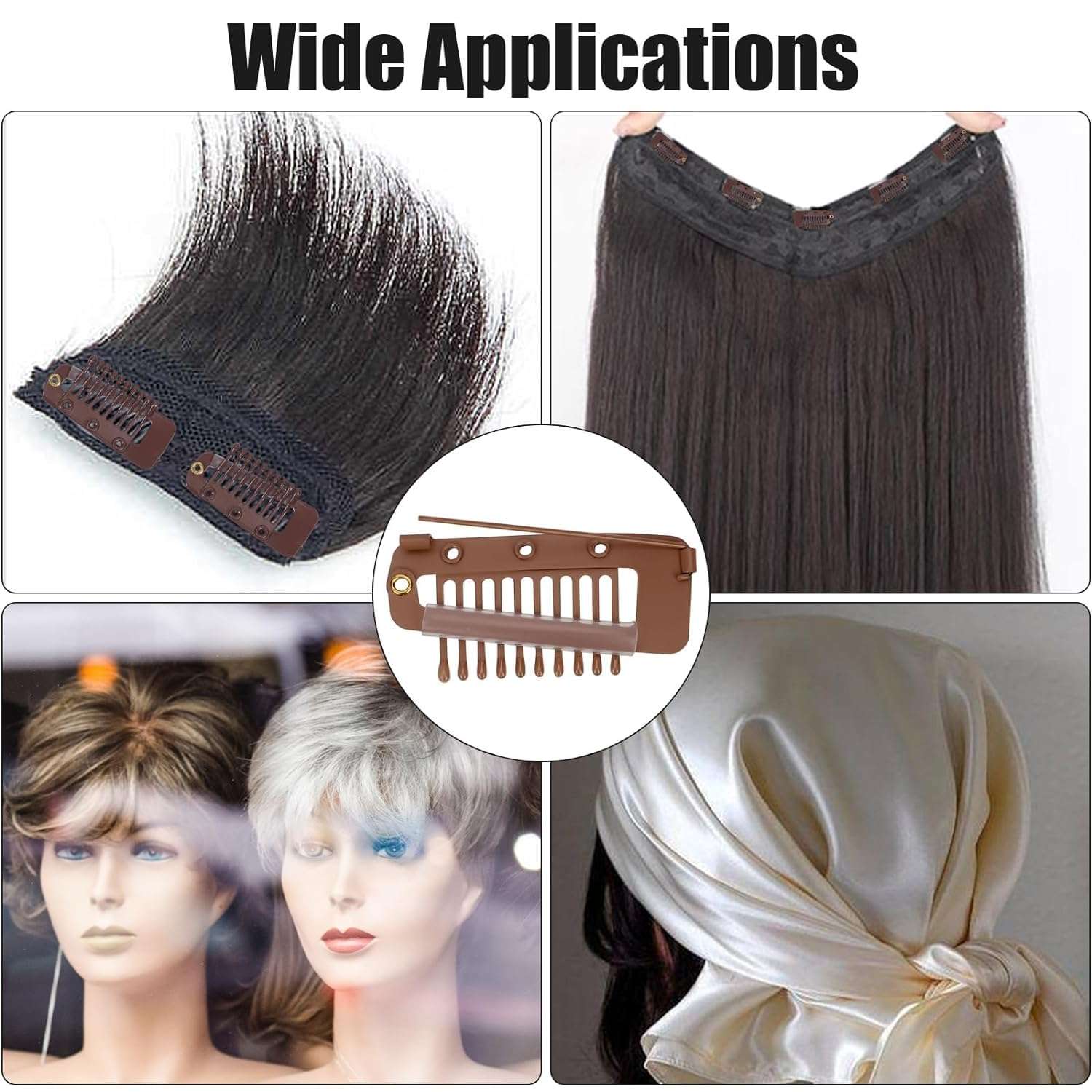 INHEAVEN 9 pcs Wig Clip with Safety Pins, 10-Teeth Hair Extension Snap Clips Invisible Strong Wig Combs to Secure Wig No Sew Chunni Grip Dupatta Clips (BROWN, 9) 4