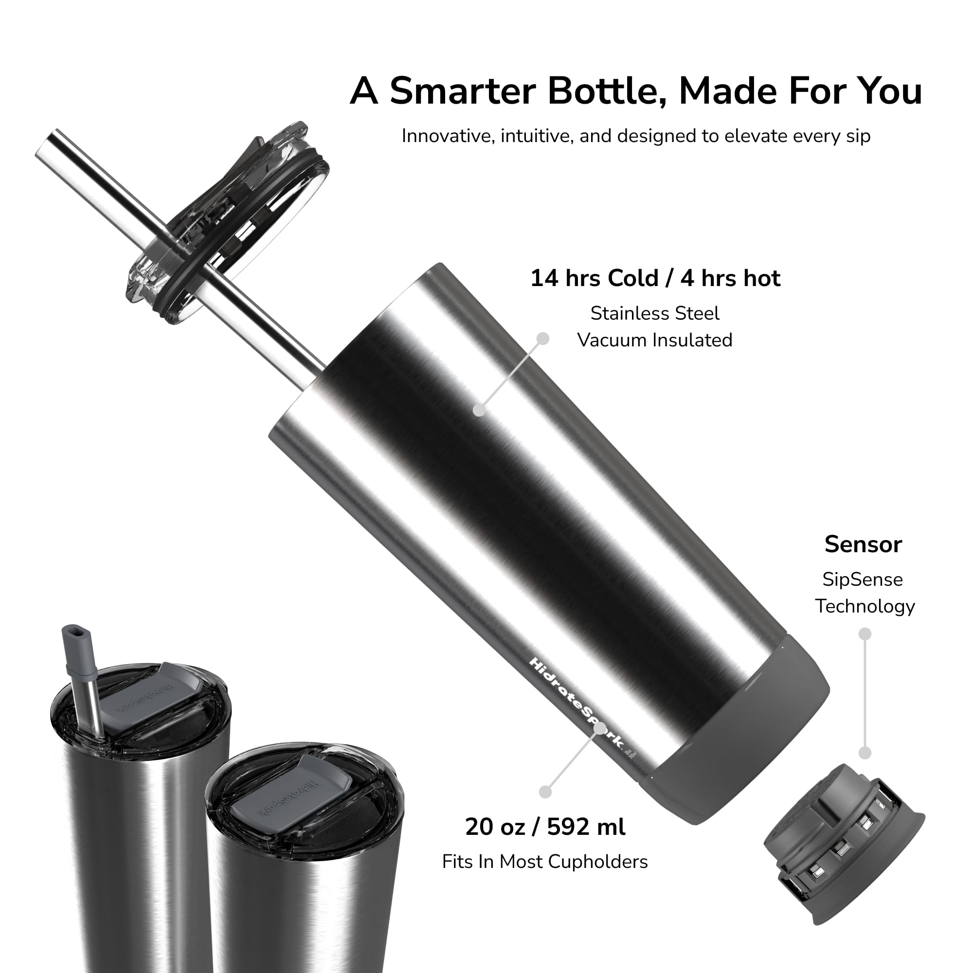 HidrateSpark PRO Smart Tumbler Bundle – Insulated Stainless Steel – Tracks Water Intake with Bluetooth, LED Glow Reminder When You Need to Drink – 20oz, Brushed Stainless Steel + 3 Straws 4