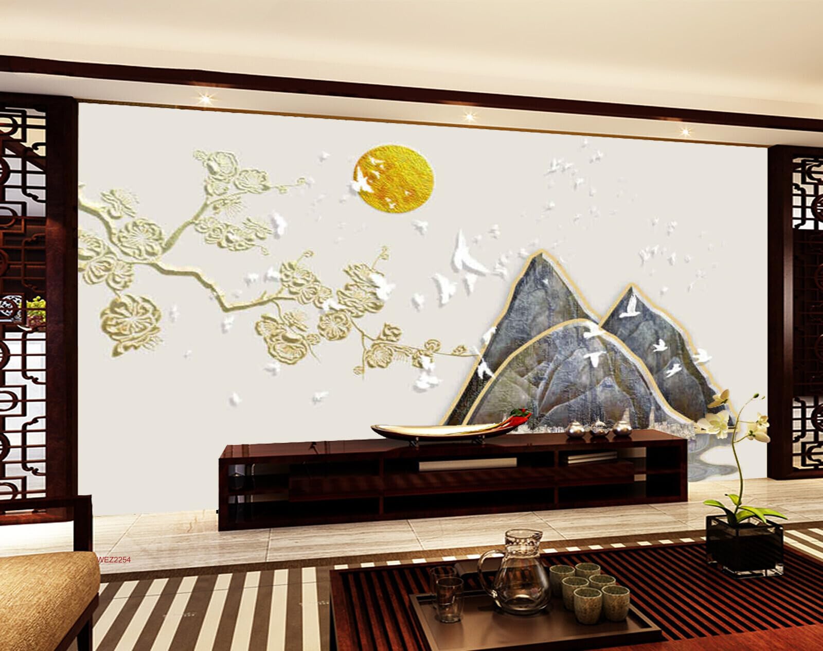 Wall26 - WEZ2254 Birds Blossom Peck Sun Mountains Flowers Beautiful Boo HD 3D Wall Sticker[7 ft x 5 ft] / [213 cm x 152 cm] 5