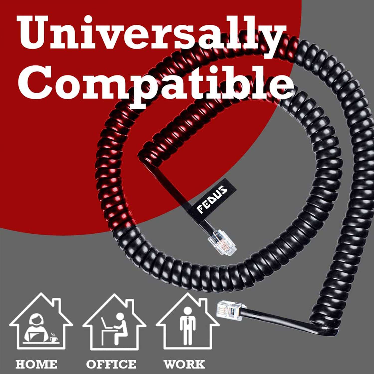 FEDUS 6.5ft Black Telephone Extension Coil Cable Cord 2 Meter Pack 1 3