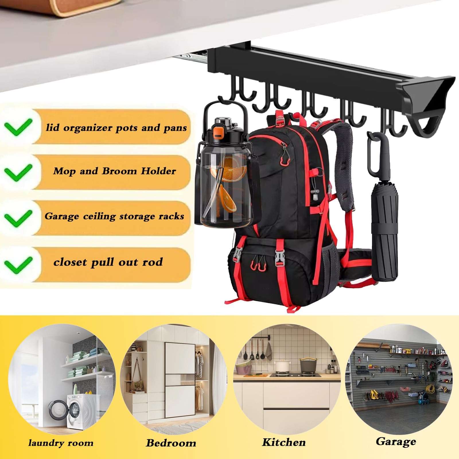 Pull Out Hanging Pot Rack Organizer for Cabinet - Load 75lbs, 12 Hooks, Expandable Sliding Rail, Broom Storage, Garage Hanger - Multifunctional Utility Organizer 6