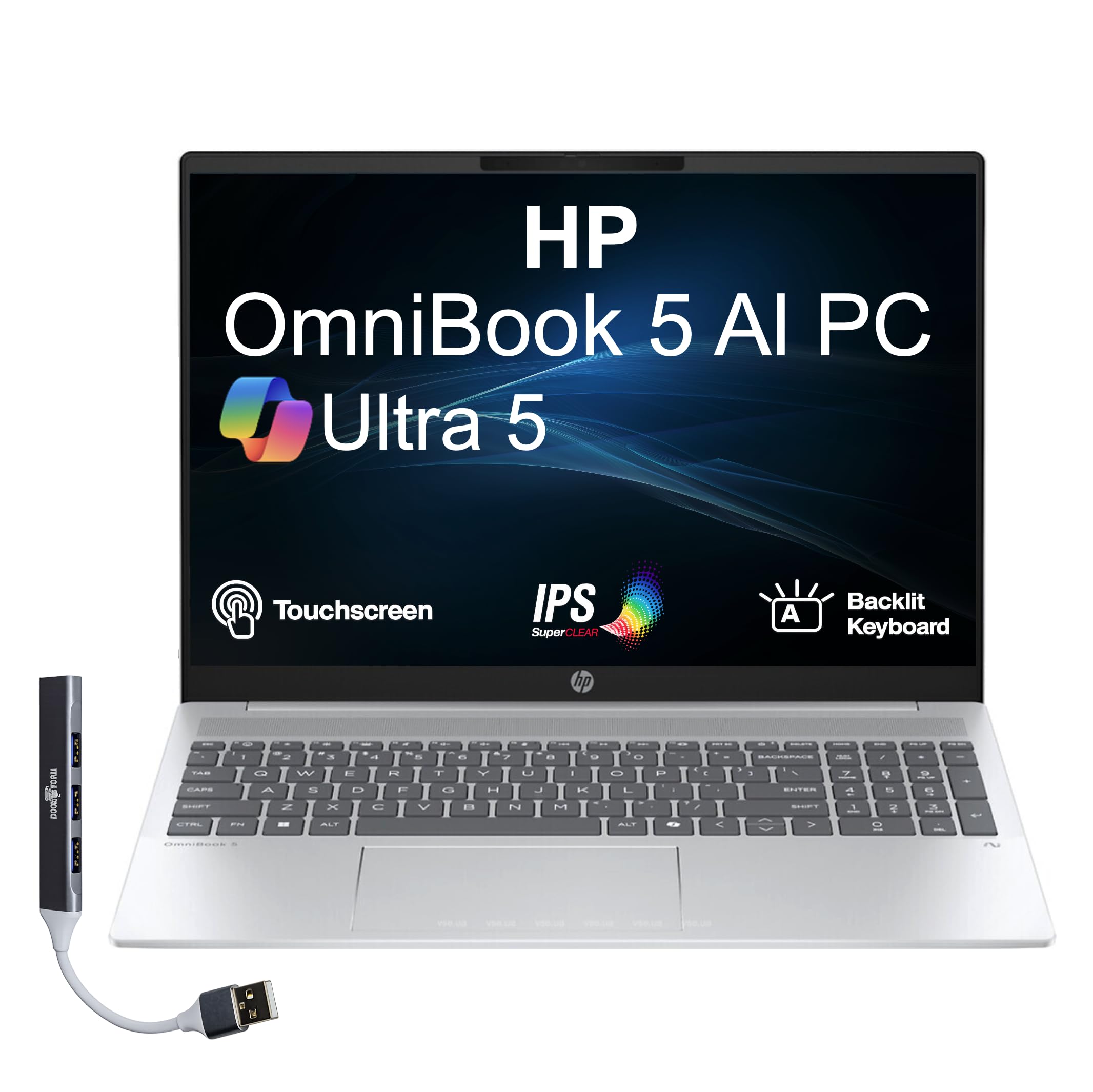 HP OmniBook 5 Next Gen AI Laptop 16.0" Touchscreen 2K IPS Display (Intel Ultra 5-225U, 16GB LPDDR5X, 4TB PCIe SSD, Backlit KB, Copilot+, Webcam, Win 11 Pro) w/Dockztorm USB Port Expander