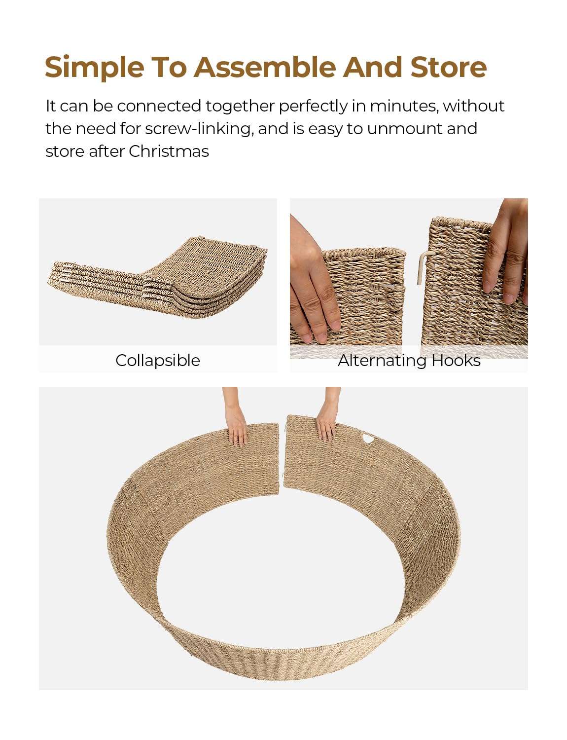 StorageWorks 42 Inch Wicker Christmas Tree Collar, Christmas Tree Collar for Pencil Tree, Seagrass Christmas Tree Base Collar with Cut-Out of Cord for Christmas Party Décor 5