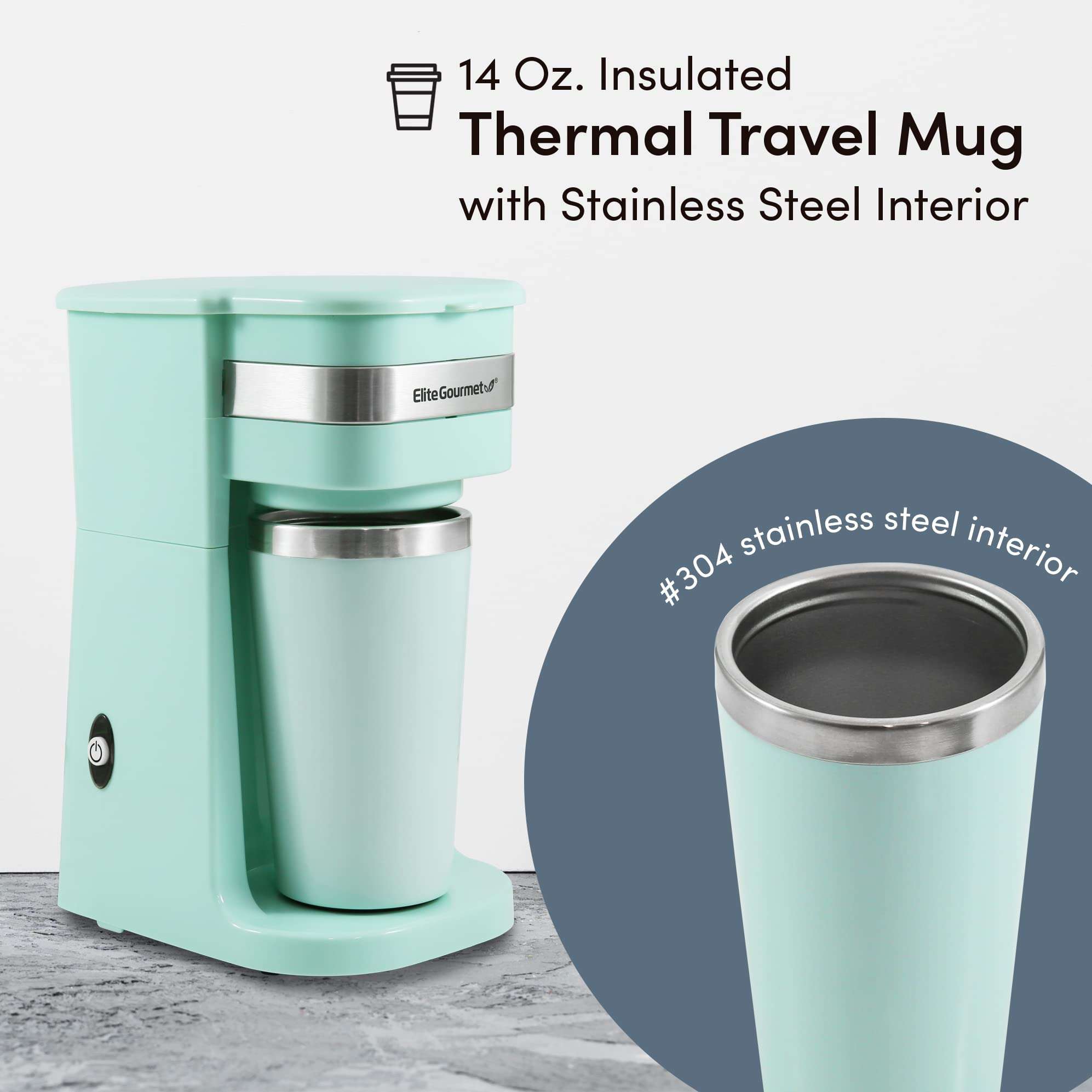 Elite Gourmet Personal Single-Serve Coffee Makers with 14Oz Stainless Steel Travel Mugs, Compatible with Coffee Grounds, Reusable Filters, Mint and Black 4