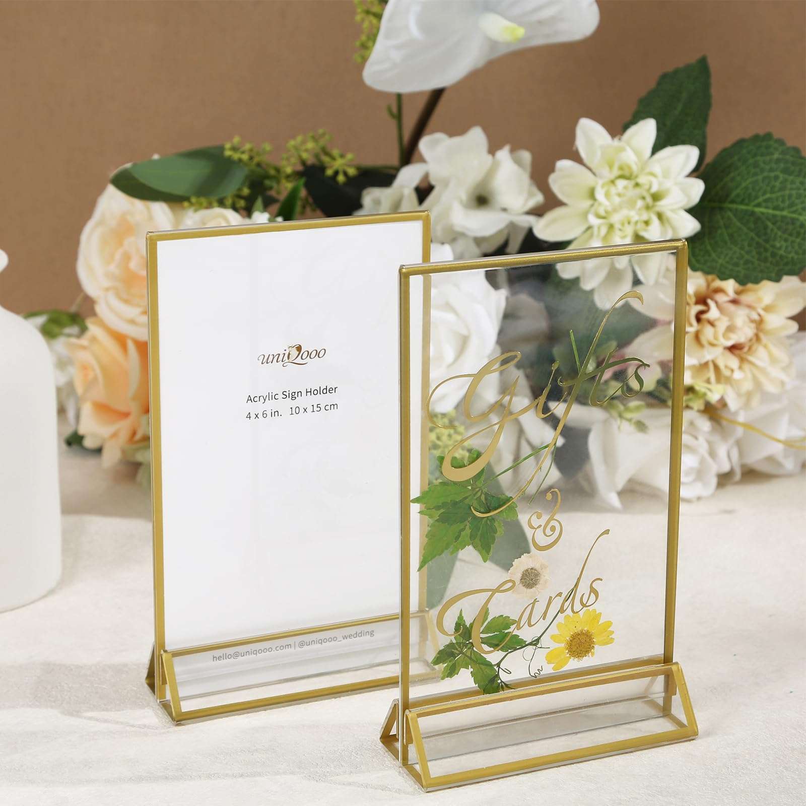 UNIQOOO Acrylic Sign Holders with Gold Border, Pack of 12 | 4x6 Double Sided Clear Frame | Perfect for Wedding Table Numbers, Photo Display, Restaurant Menu Food Sign, Promotion Ad 5