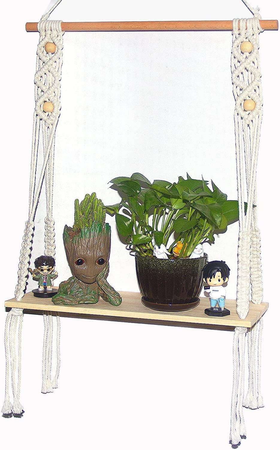 Kevadia Macrame Wall Hanging Shelf Cotton Rope Natural Pine Wood Swing Triangle Floating Shelf Modern Boho Decor for Living Room Dorm Bathroom Office Balcony 20inch L x 12 inch W 3