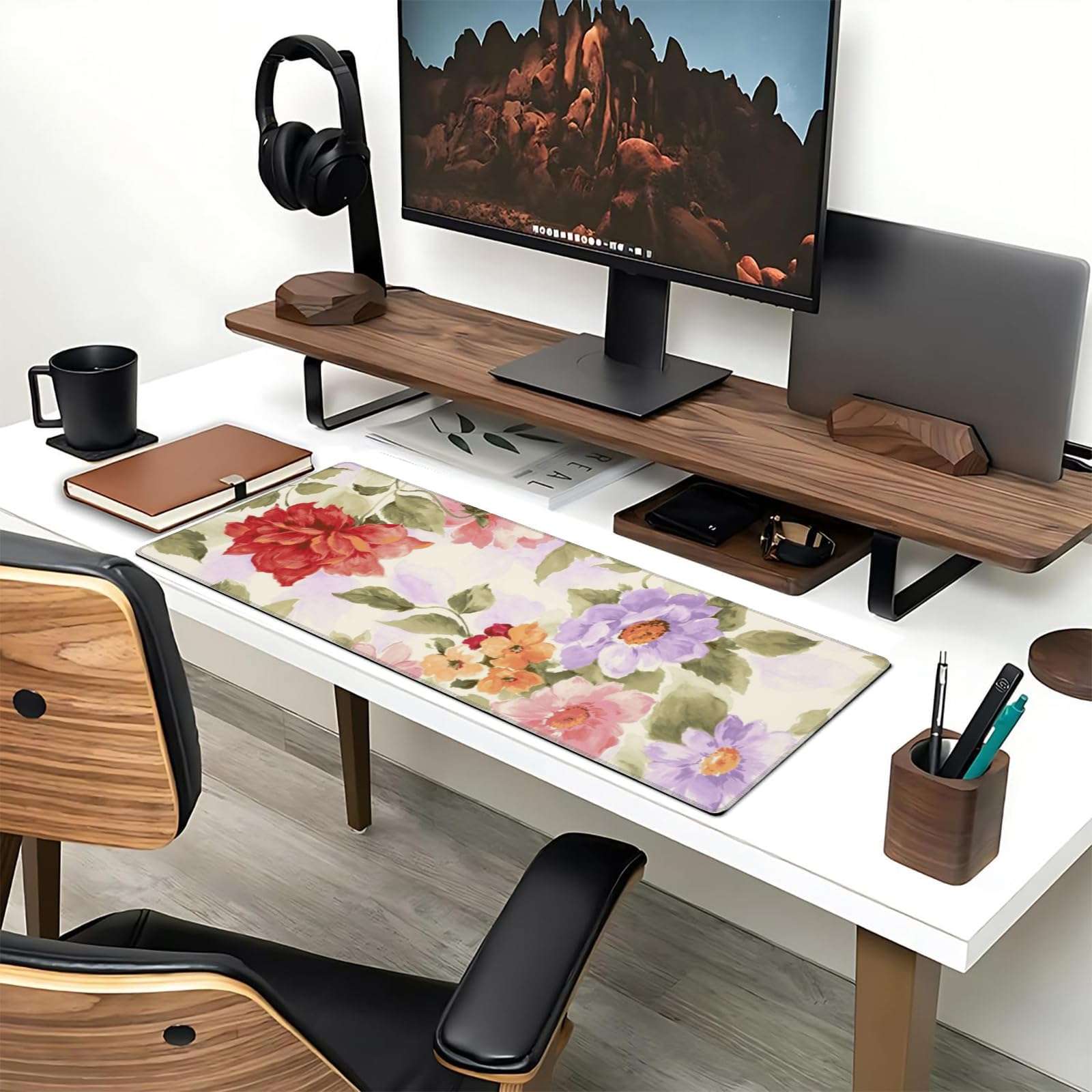 amepay Cute Cat Gaming Mouse Pad 31.5 x 11.8 Inch,Kitten Flower Large Extended Desk Mat with Non-Slip Rubber Base,Floral Big Mousepad for Laptop Computer PC,for Office Gamer Home Decor,Deskmat Gifts 5