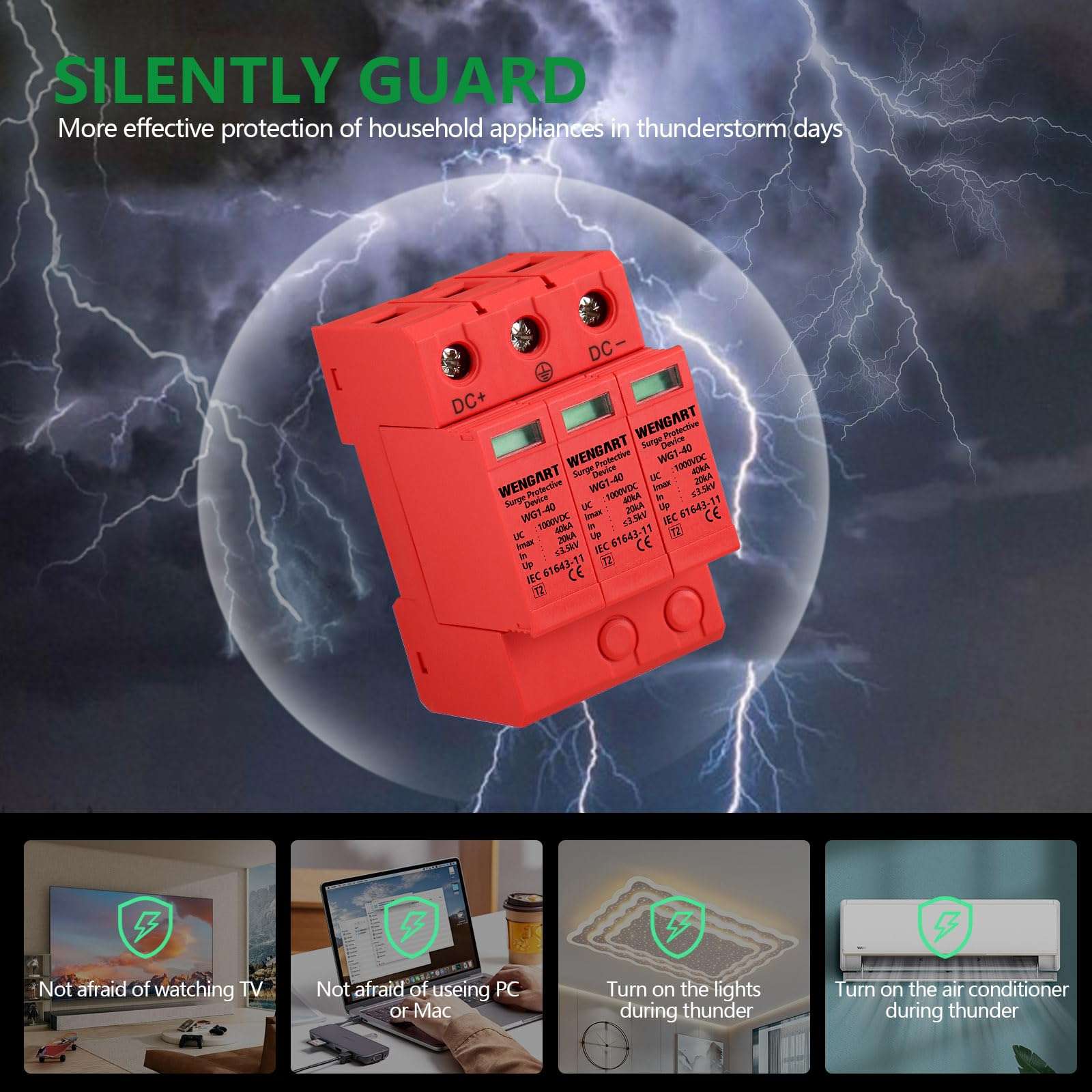 Wengart Surge Protective Arrester Device,DC1000V 3P 20~40kA 36mm DIN Rail Mount,Low Voltage Arrester Device for Lightning Protection Power Distribution and Control Appliances 3