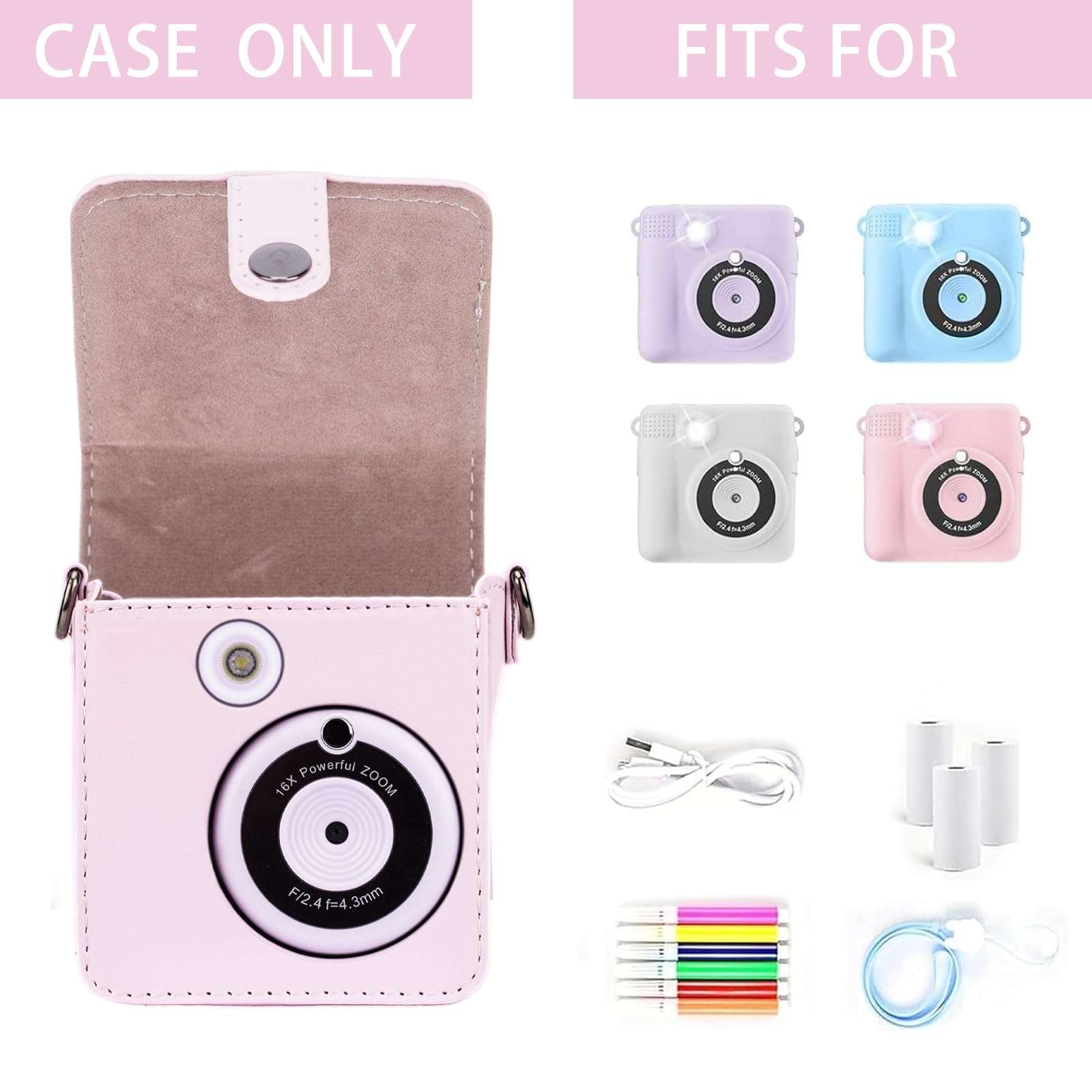 Kids Camera Case Compatible with ESOXOFFORE, MINIBEAR, Dylanto, WEEFUN and Instant Print Camera for Kids Digital Video Cameras, Carrying Bag Film Camera Holder with Card Case Pink 4