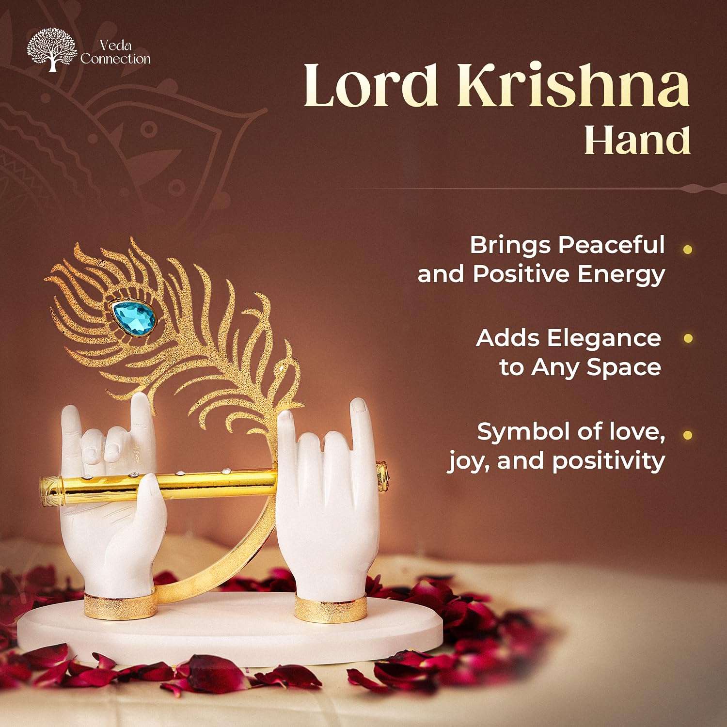 Gold Plated Krishna Hand with Flute Idol for Car and Home from Veda Connection | Lord Krishna Decor | Elegant Spiritual Gift for Pooja & Festivals | Premium Finish & Durable Design (White, 3.5 inches) 4