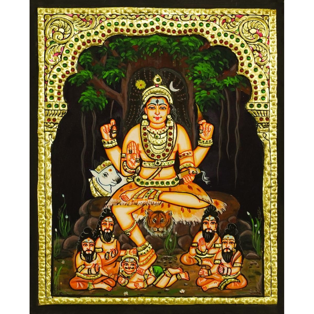 Tarang Arts Dakshinamurthy Sitting Tanjore Paintings with Wooden Frame, Jaipur Stones Handwork Painting, 2D Emboss Design & 22-Carat Gold Foil for Home/Puja/Wall Decor/Gifts (14x12 Inches) 6