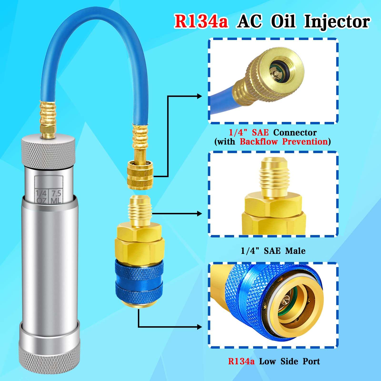 AC Oil Injector for R1234YF, R134A, R410A, HVAC Dye Oil Injector with 1/4" SAE Connector, 2 OZ Refrigerant Hand Turn AC Oil Injector Tool, for R1234YF R134A R410A Refrigerant System 3