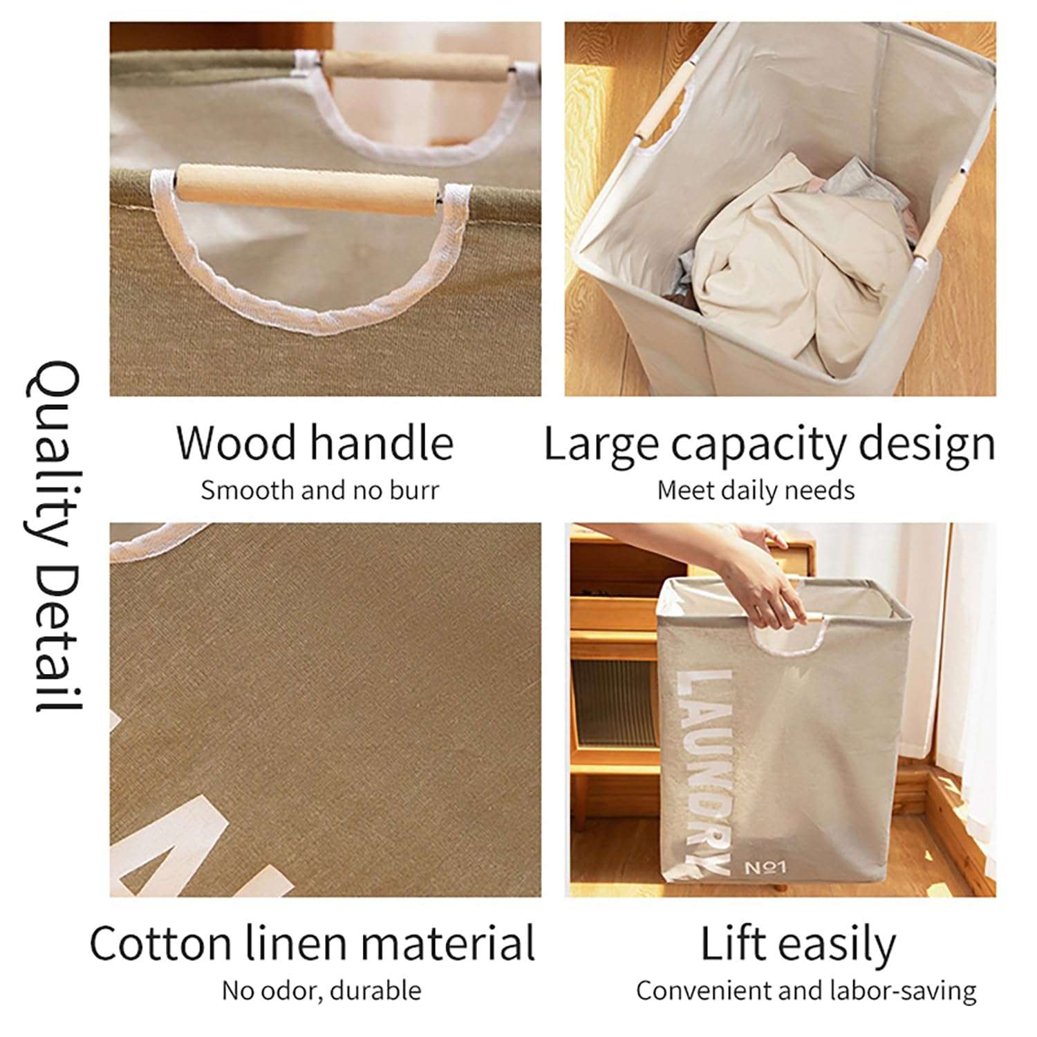 House of Quirk 52 Litre Linen Cotton Collapsible Laundry Basket For Folding Portable Dirty Clothes Storage Hamper (Beige/White Vertical) 6