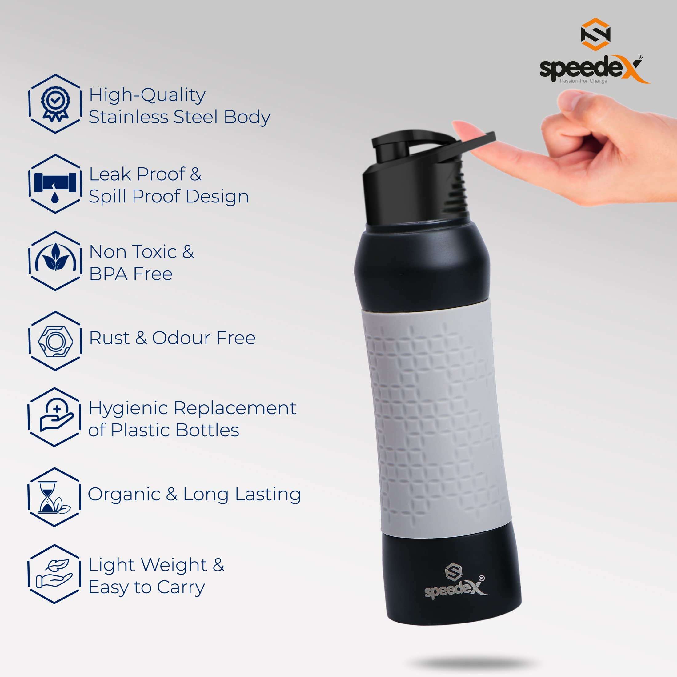 Speedex Stainless Steel 750 ML Water Bottle for Fridge/School/Outdoor/Gym/Home/Office/Boys/Girls/Kids, Leak Proof and BPA Free(Black-Grey Colour, Set of 1, 750 ML) 4