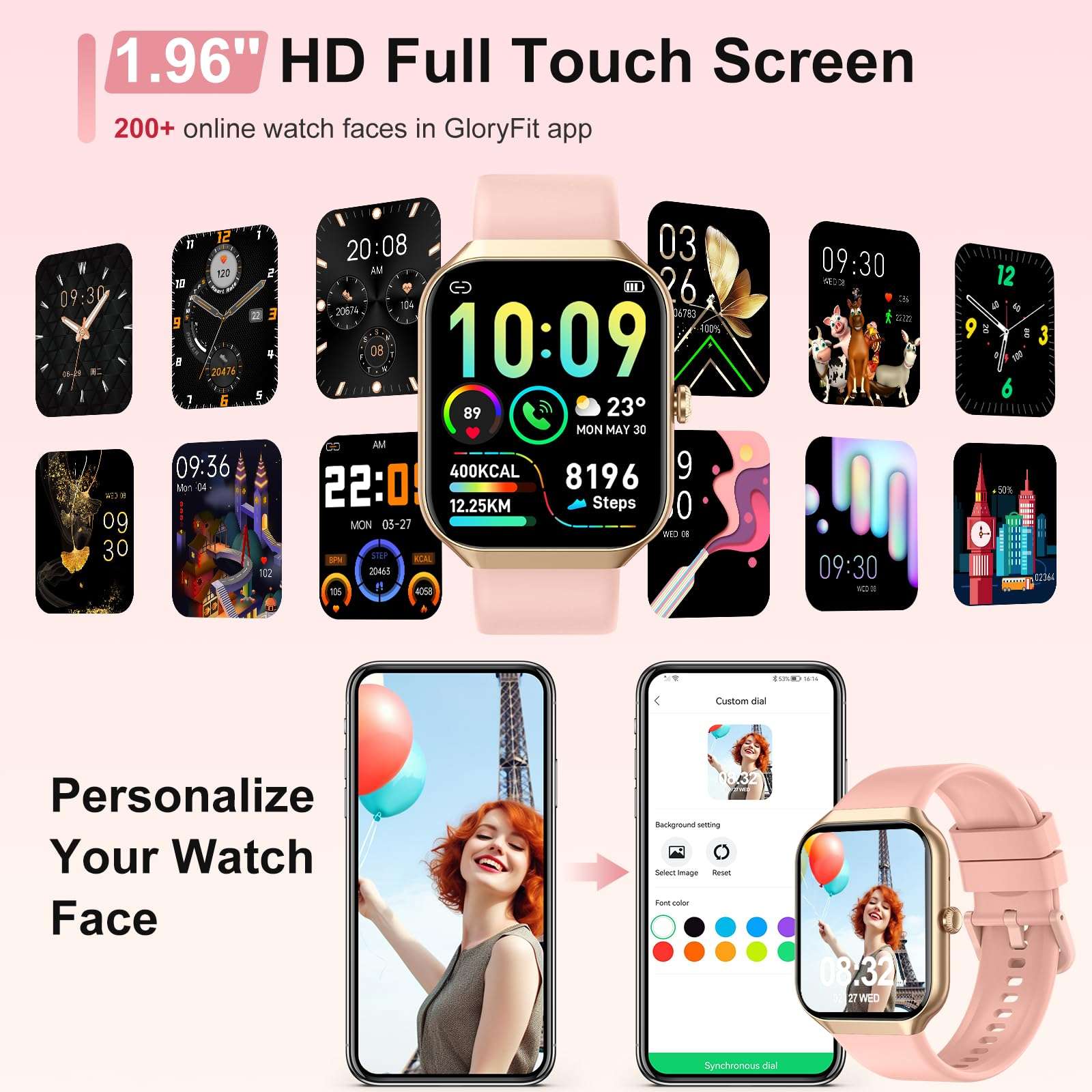 Smart Watch for Women Answer/Make Calls, 1.96" HD Fitness Watch with Heart Rate Monitor Sleep Monitor, 113 Sports Activity Trackers with Step Counter, IP68 Waterproof, Smartwatch for Android/iOS, Rose 4