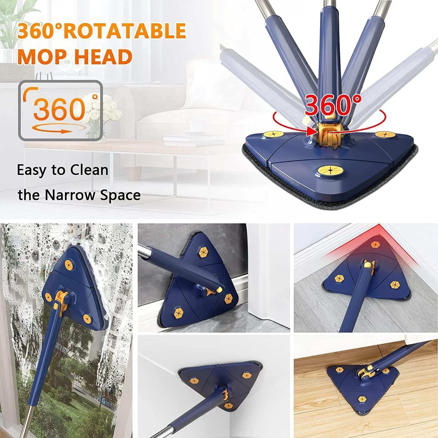 MY TRIO 360° Rotatable Adjustable Triangle Multifunctional Cleaning Mop || Stainless Steel Long Handle Push-Pull Squeezing Cleaning Mop || Dry & Wet Mop for Floor || Aluminum || Multicolour || 5
