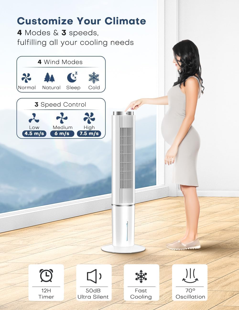 HIFRESH 107CM Tower Fan for Room w/Cooling Function, Bladeless Tower Fans for Home, Remote & Touch, 4 Modes & 3 Speeds, 26Ft Air Throw, 12H Timer, 4 Ice Packs, Auto Rotation, Low Power Consumption 5