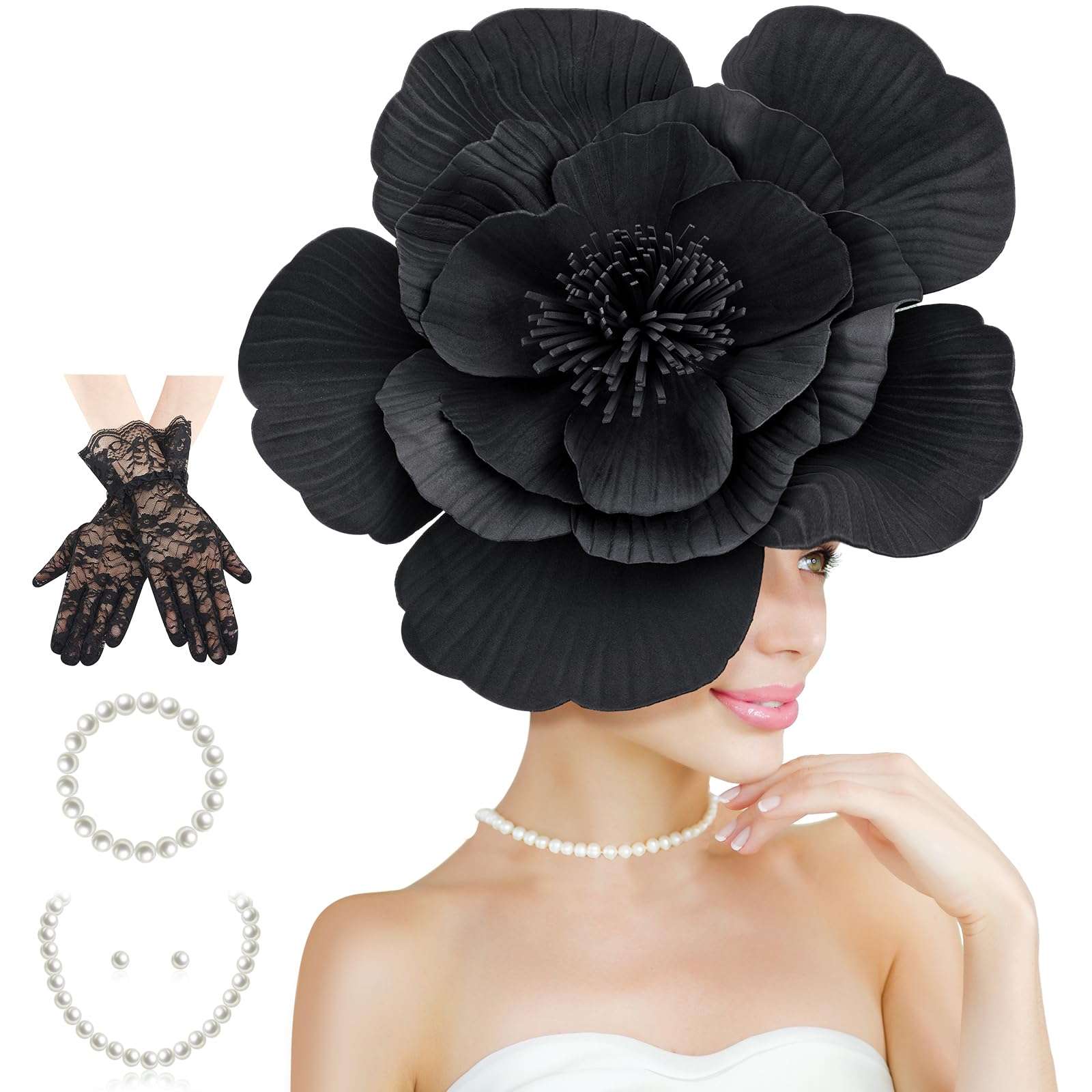 Ecation Large Flower Fascinators for Women Tea Party Fancy Hats and Gloves Set for Women Tea Party Wedding Accessories(Black) 1