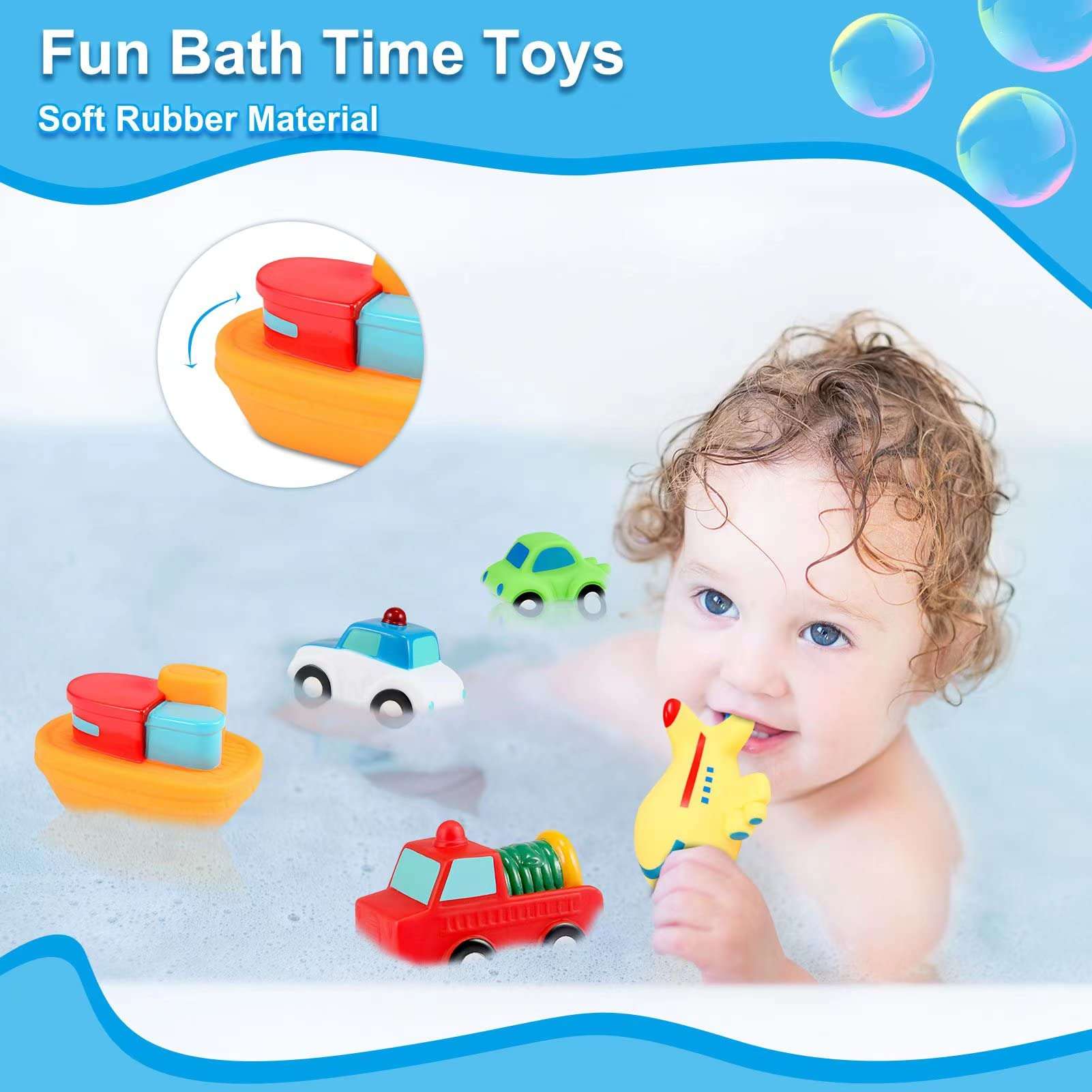 Toddler Bath Toys Bathtub Toy - Kids Floating Water Spray Toy Fun Bathtime with Boat, Plice Car,Fire Truck and Plane Plastic Toy for Baby Boys and Girls 2