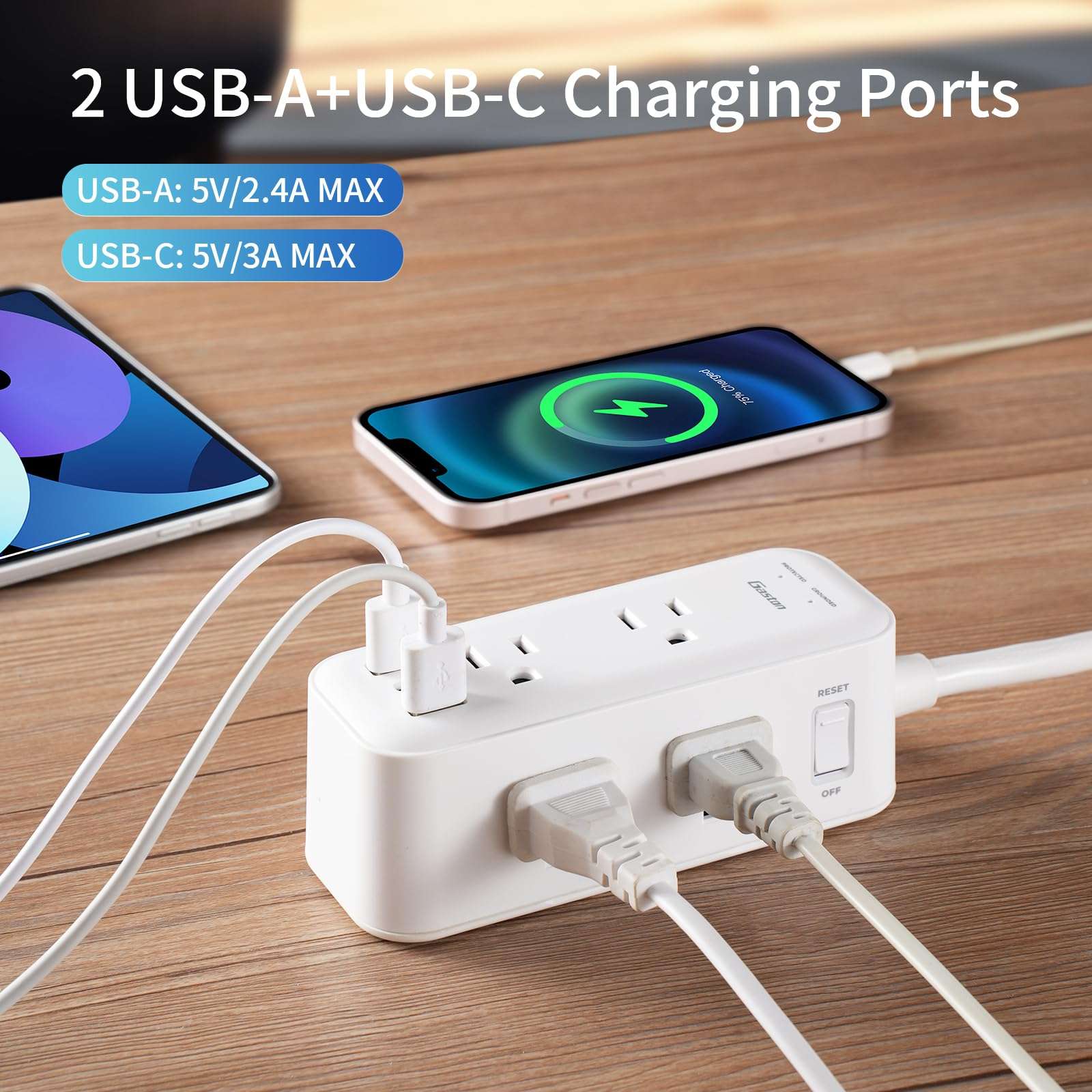 Gaston Surge Protector Power Strip - 10 Ft Plug Extension Cord, 4 Widely Outlets, 3 USB Ports(1 USB C), 2 Side Outlet Extender for Home Office, White, ETL 5