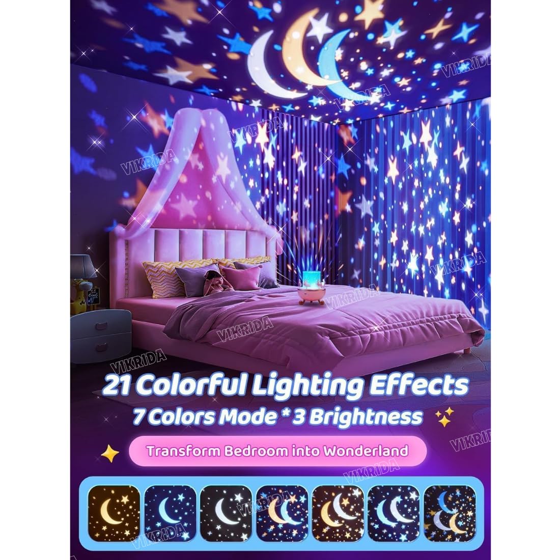 VikriDA Night Light Rabbit Sky Projector for Kids – 360° Rotating Lamp with 6 Films, 5 Colours and 1200mAh Rechargeable Battery. 4