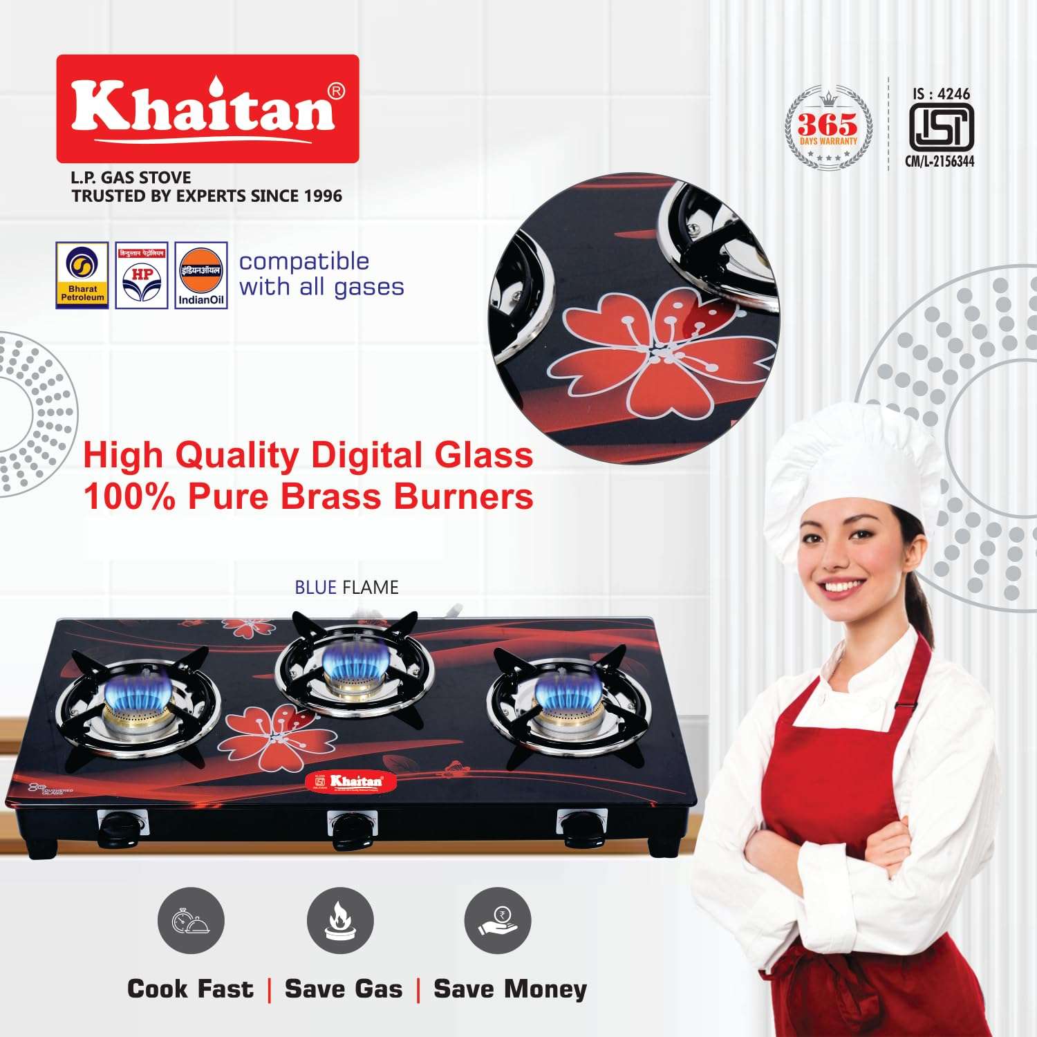 Khaitan 3 Burner Active Red with Brass Burners, Digital Toughened Glass, LPG Cooktop, Manual Ignition, Gas Stove, 1 Year Warranty, ISI Approved 6