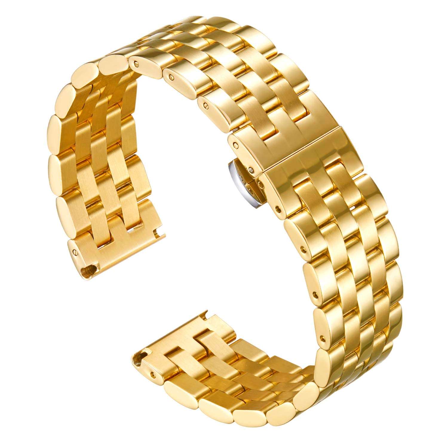 BINLUN Stainless Steel Watch Band Metal Watch Straps Replacement Watchband for Men and Women with Curved and Straight End (18MM, Gold) 3