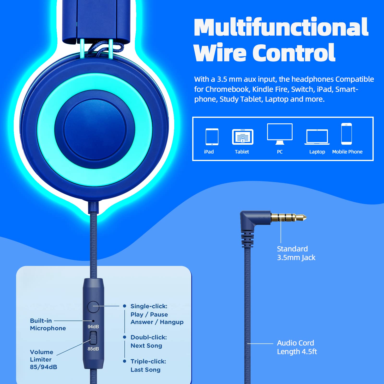 Kids Headphones Wired, Wired Headphones with Microphone, Volume 91dB, 3.5mm Jack for iPad/Kindle/Fire/Girls/Boys/School/Travel - White Grey 3