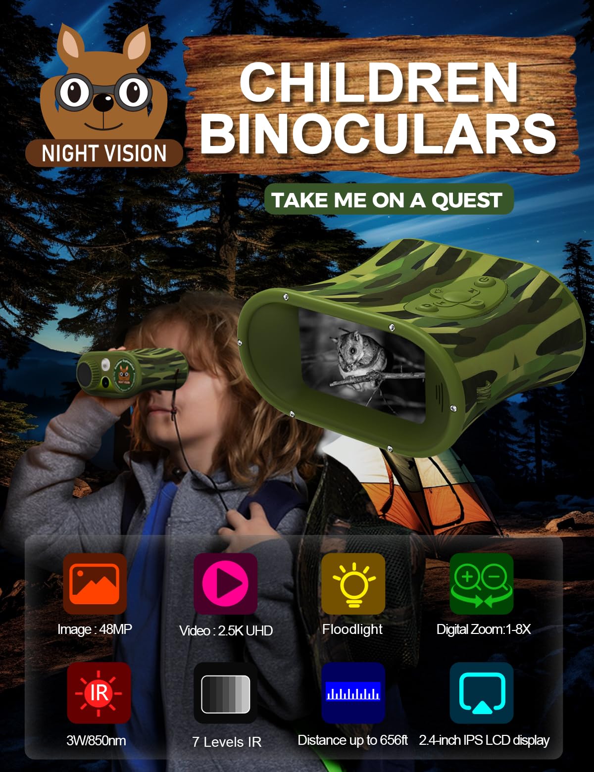 VISIOGEAR Night Vision Binoculars for Kids, Christmas Birthday Gifts for Toddle Girls Boys, 2.5K UHD Night Vision Goggles with Flashlight, Kids Camera Includes 32GB TF Card to Save Photo and Video 3