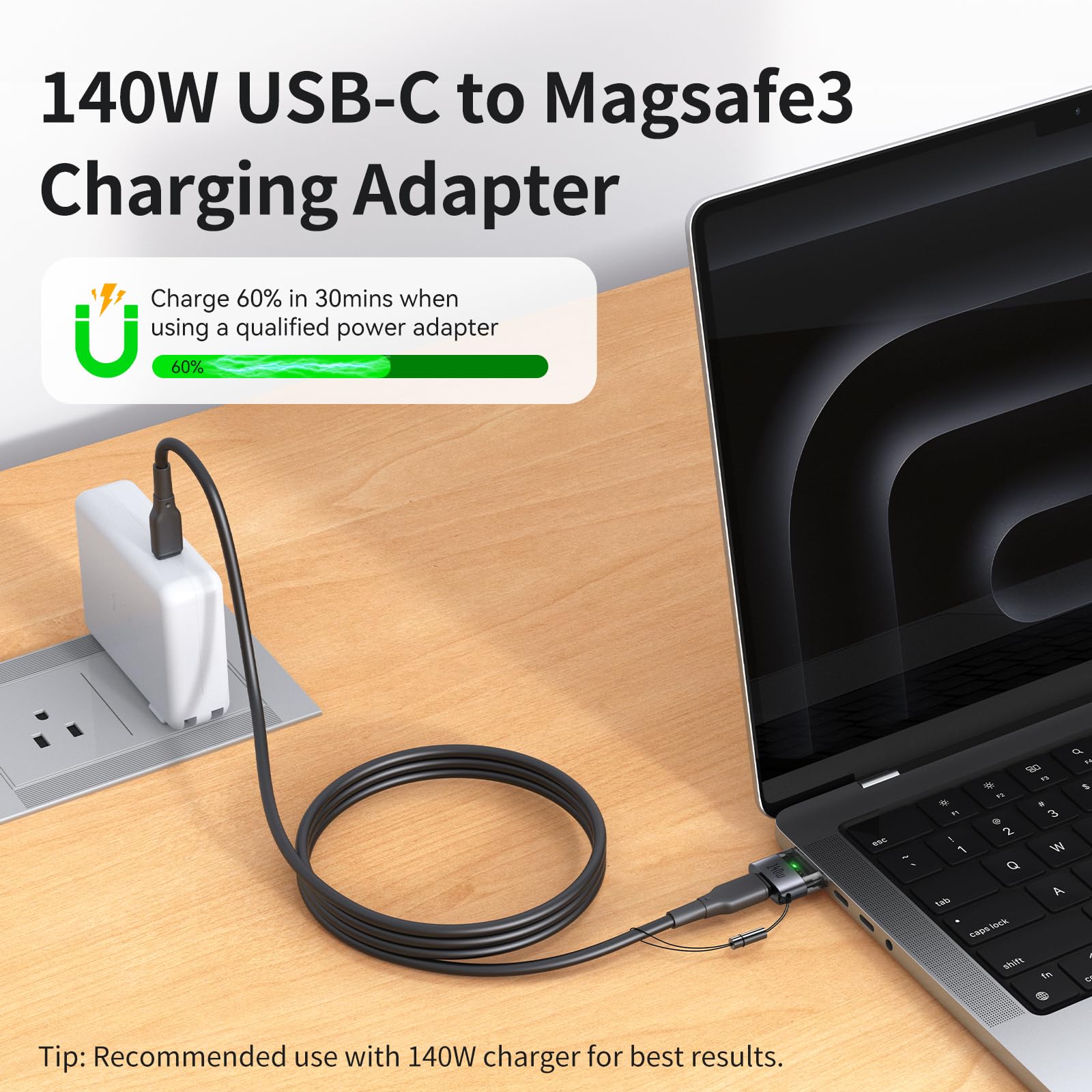 mcdodo 140W USB-C to Magsafe 3 Adapter with LED Light, Portable and Lightweight Magnetic3 Adapter Fit for MacBook Pro M5 M4 M3 M2 M1 (2021-2025) 14"/16", MacBook Air M4 M3 M2 (2022-2025) 13"/15" 3