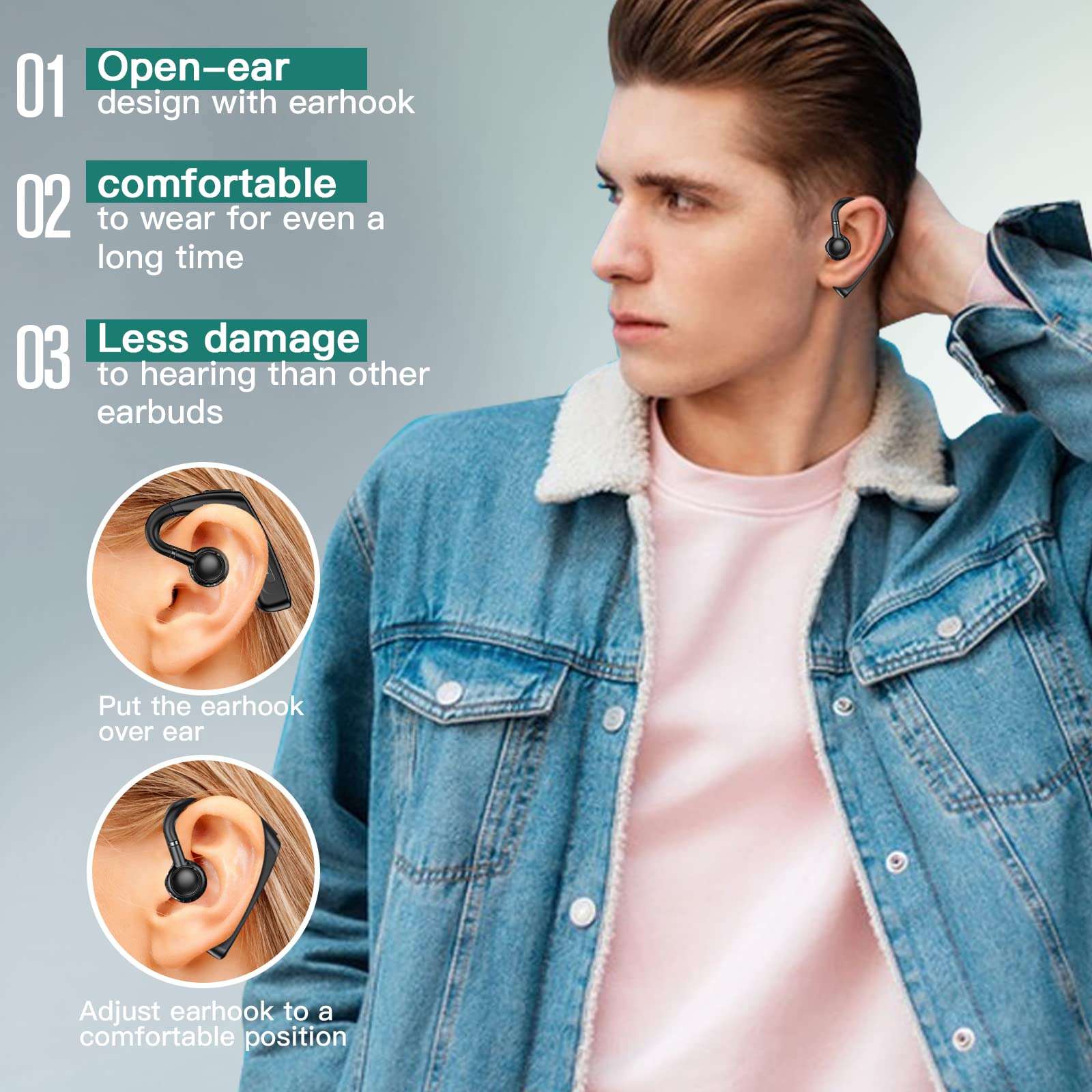 Open Ear Headphones Wireless Bluetooth Single Bone Conduction Wireless Earbuds with Earhooks Bone Conduction Headphones Bluetooth Head Set Earphones IPX5 Waterproof Long Battery Life Earpiece Black 2