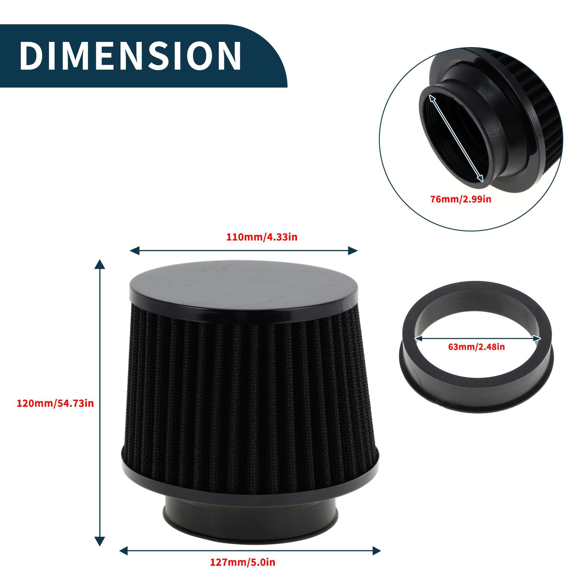 TUCKBOLD Engine Air Filter 76mm/63mm High Flow Cylinder Clamp-On Cold Air Intake Filter Closed-Top Cool Air Filter Cleaner 1 Clamp, 1 Adapter Black for Car 5