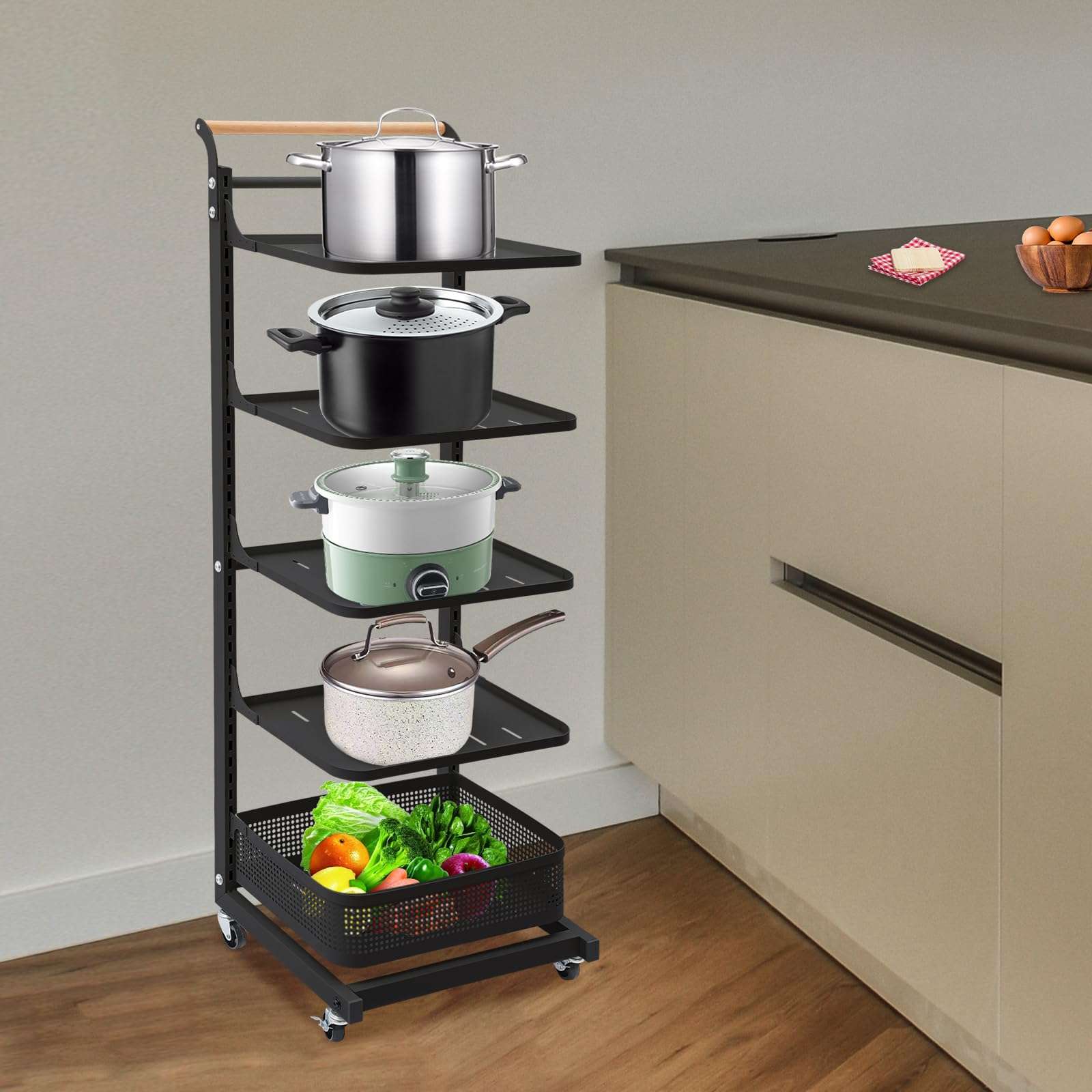 LOYALHEARTDY 5-Tier Storage Cart, Multifunction Utility Rolling Cart Kitchen Storage Organizer, Mobile Shelving Unit Cart with Lockable Wheels for Bathroom, Laundry, Living Room, Gray White 5