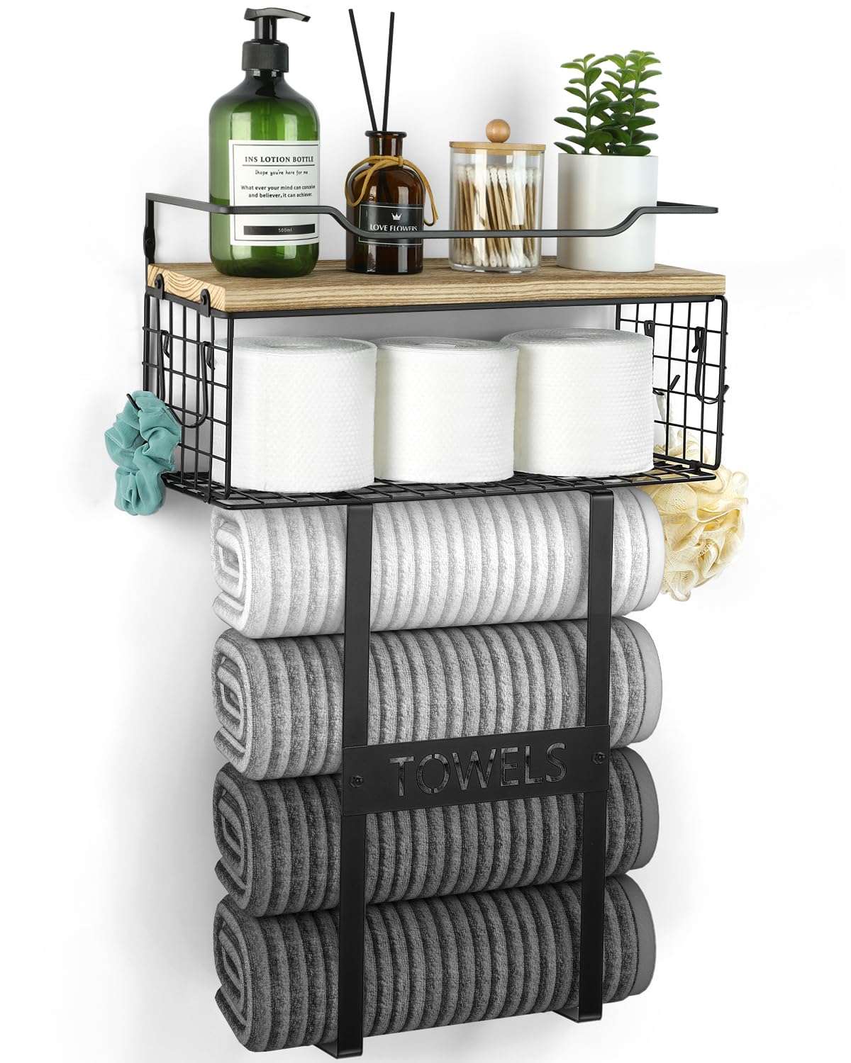Towel Racks for Bathroom Wall Mounted - Bath Wall Towel Holder Set Above Toilet Storage, Rolled Towel Shelf Organizer for Small Bathroom, Wood Vertical Towel Rack for Bathroom Wall Decor 1