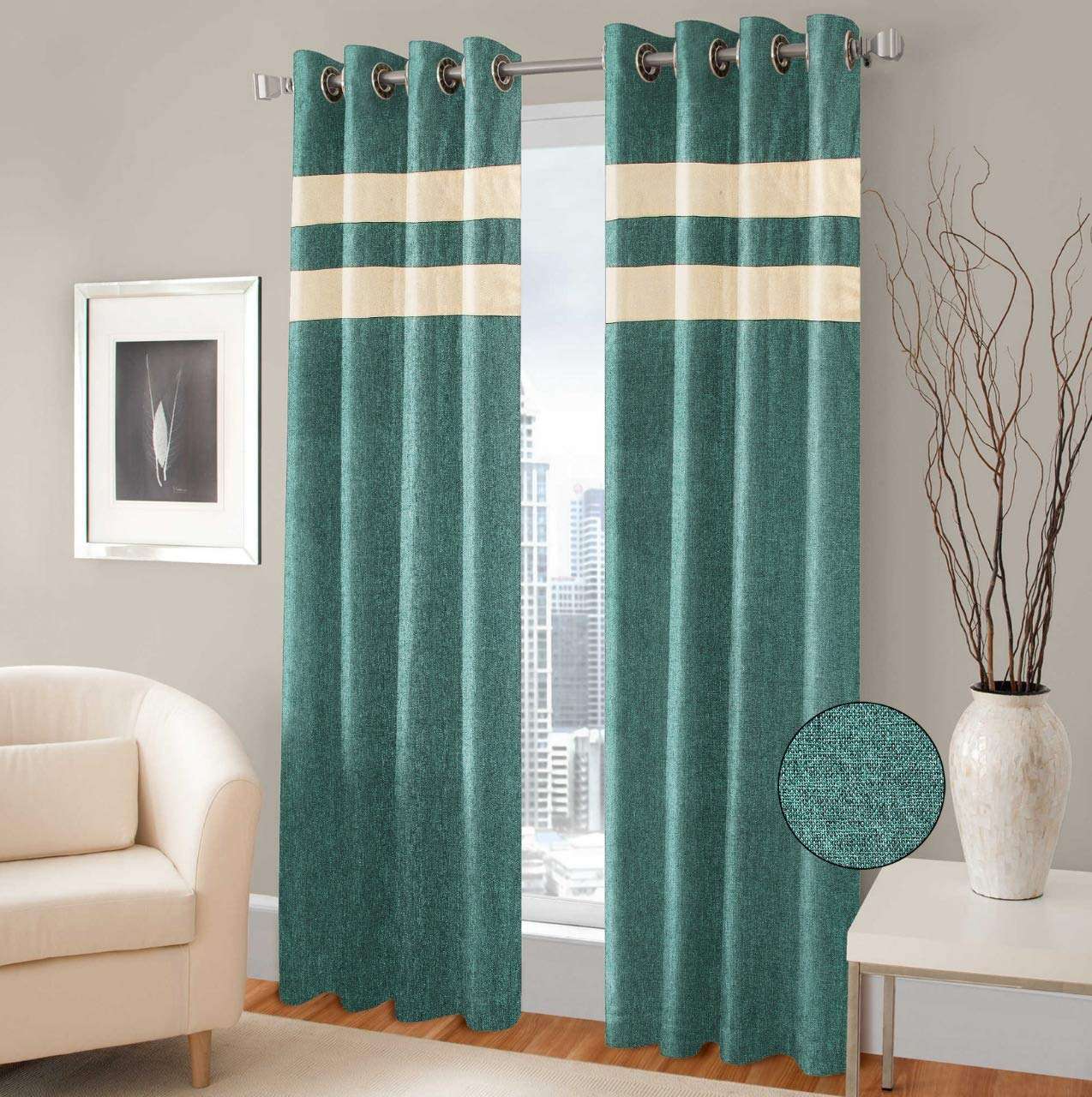 F2L Jute Curtains for Window 5 Feet Long | Yarn Weaved Breathable Parda | Modern Parde for Living Room Bedroom | Screens with Eyelet Ring | Hypoallergenic Dust Repellent (Light Green, 2pc) 4