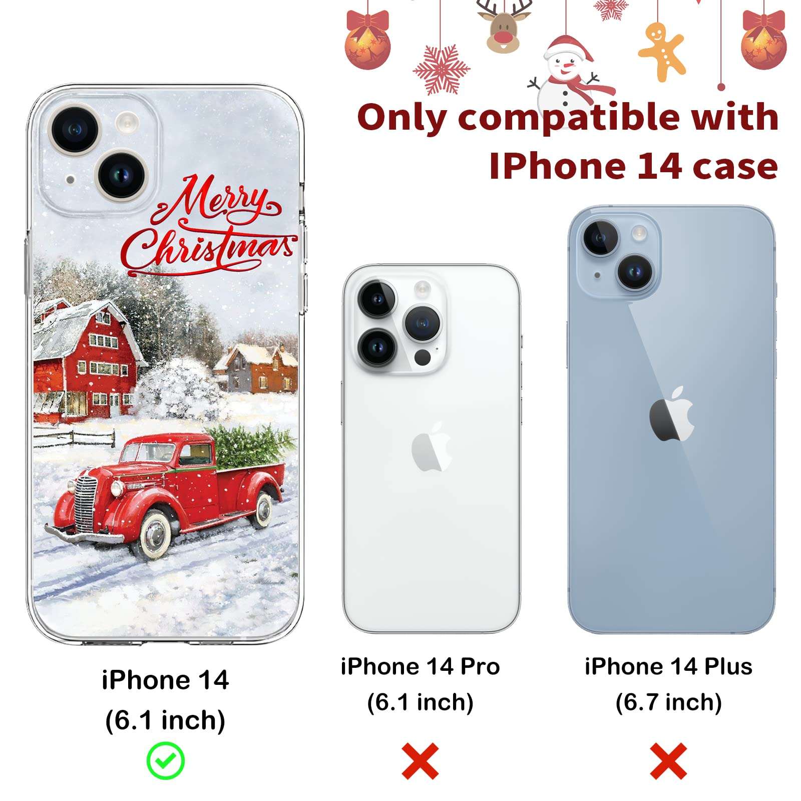 Newseego Compatible iPhone 14 Christmas Case, Shockproof Anti-Yellow Hard PC + TPU Bumper Protective Cover Phone Case for Girls Children Cute Merry iPhone 14 Case -Red Car 4