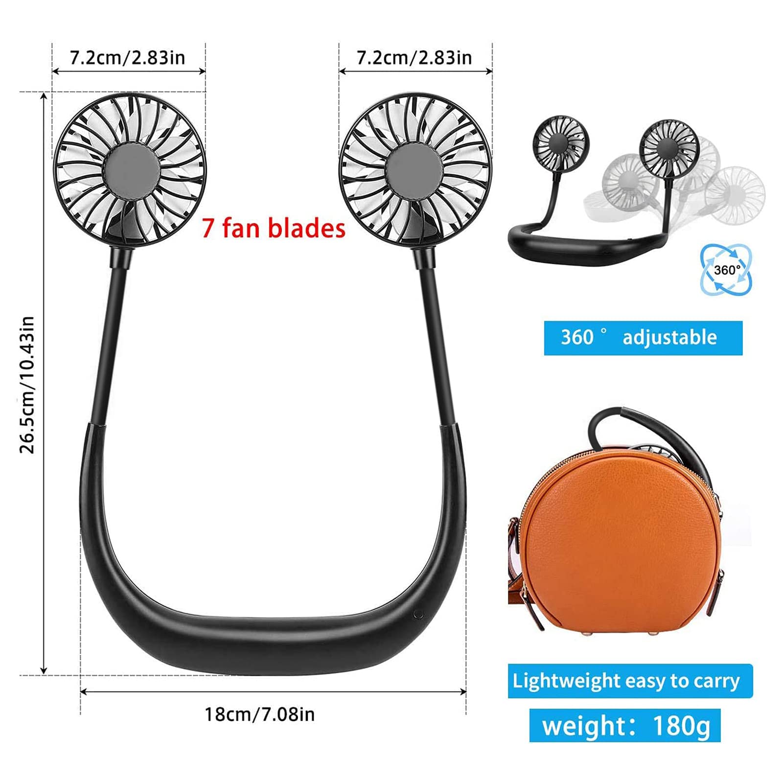 RJVW Portable Neck Fan, Hand Free Personal Hanging Neck Sports Fan USB Rechargeable (3 Speed Adjustable) Wearable Cooling Head Fan,360 Degree Free Rotation for Traveling, Sports, Office, Reading 6