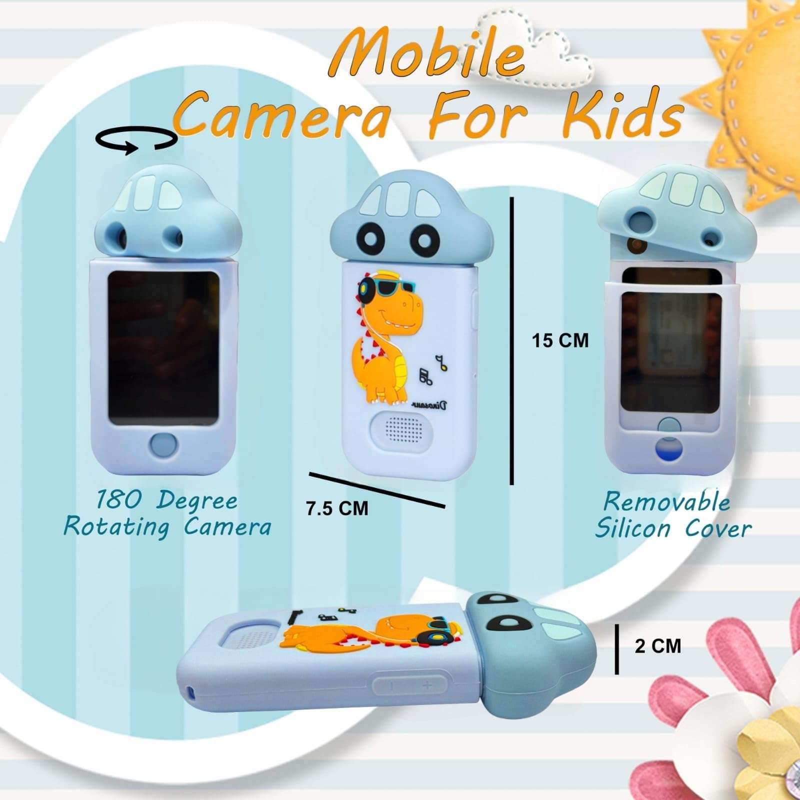 BLiSS HUES Kids Touchscreen Smartphone Toy with 2.8" Screen- 360 Degree Roatating 8MP Dual Camera- MP3 Music Player- in Built Games & Wallpapers- Dinosaur 5