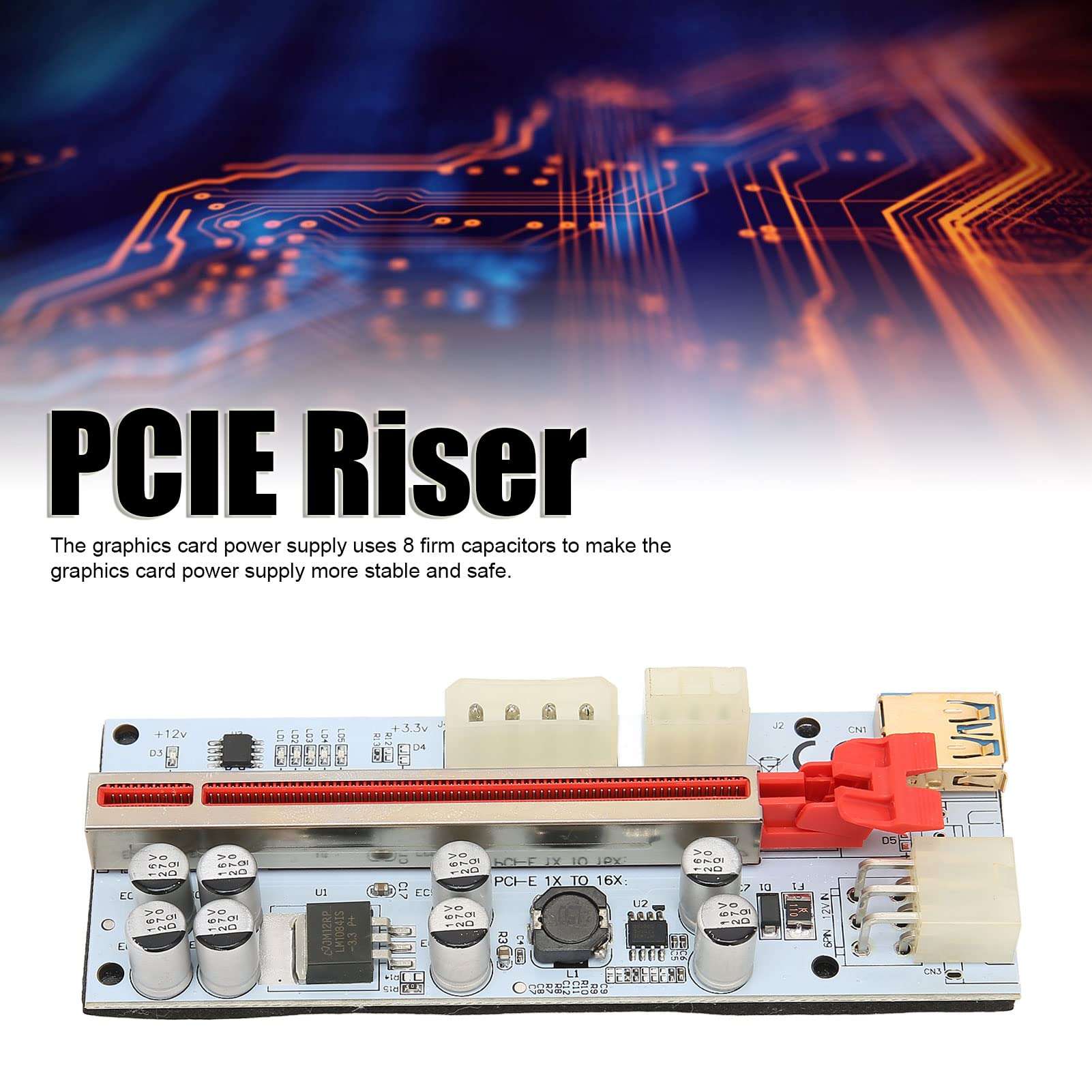 PCIE Riser Card Cable 1X to X16 Extension Cable Adapter Card Cable with 8 Firm Capacitors Anti Interference GPU Plug and Play for Linx WinXP/7/8/10 3