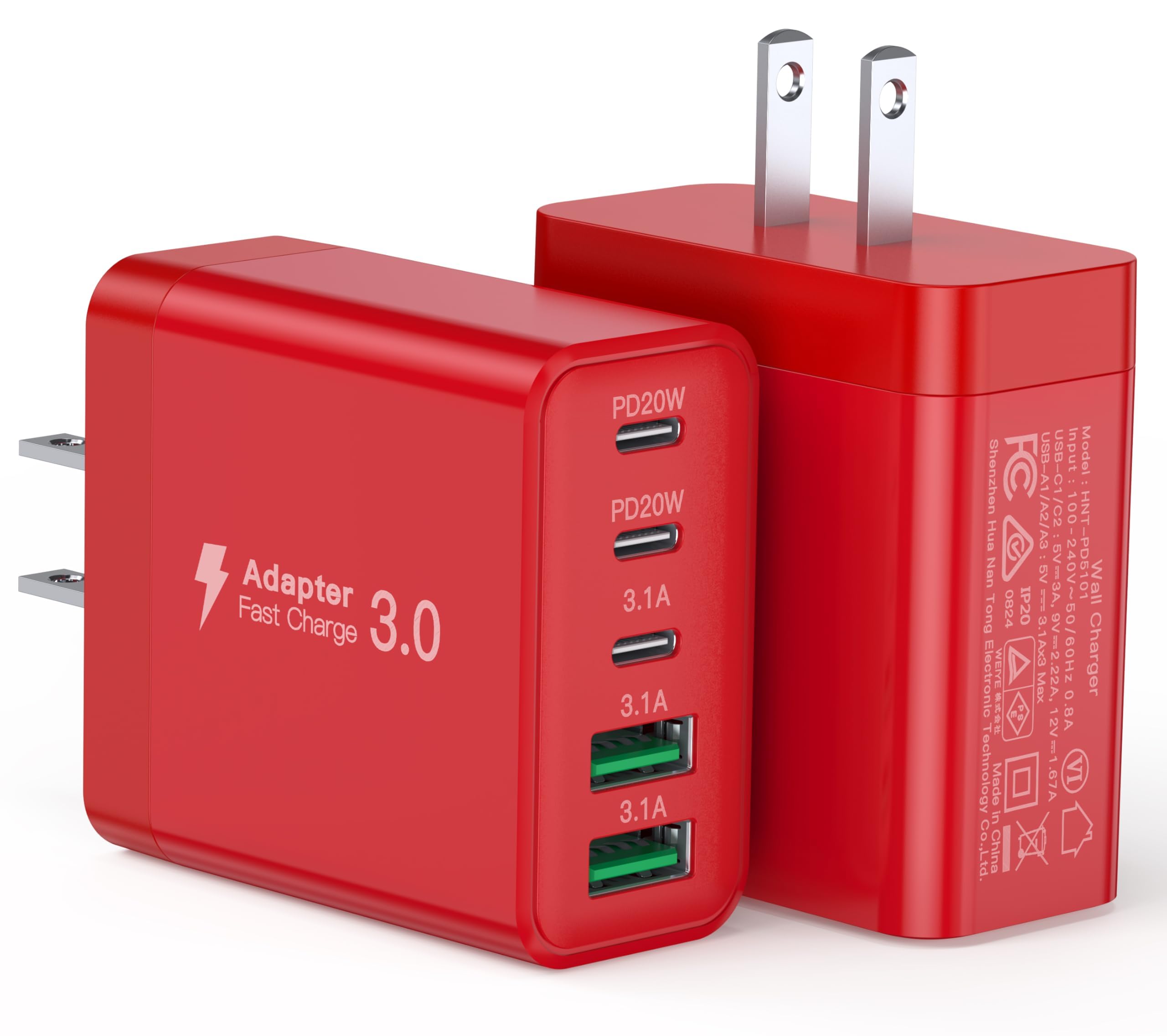 USB C Charger Block, [2-Pack] 50W 5-Port Fast Charger 20W Type C Charging Block 3.1A USB Wall Charger Dual Port PD+QC Charging Cube for iPhone 16 15 14 13 12 11 Pro Max XS, iPad, Samsung, Red