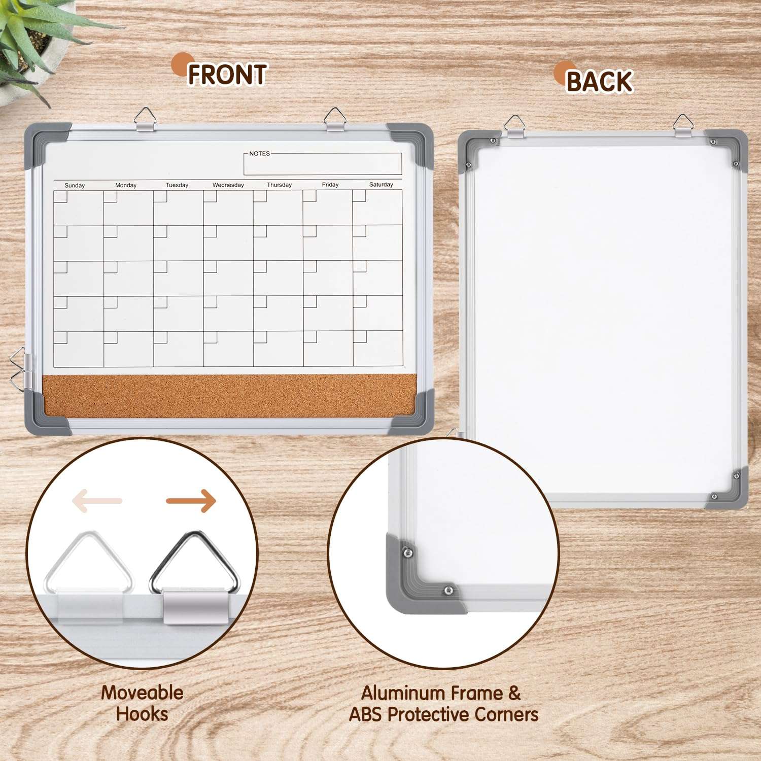 VUSIGN Monthly Calendar White Board Dry Erase Cork Board Combination for Wall, 17''x13'' Double-Sided Magnetic Dry Erase Board, Portable Calendar Bulletin Board for Office, Kitchen, School, Home 3