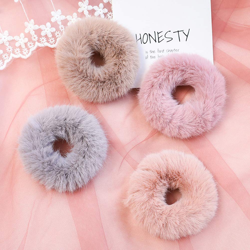Beaupretty Rabbit Fur Hair Scrunchies,Sweet Rabbit Faux Fur Fluffy Ball Pom Pom Scrunchies Ponytail Holder,5pcs (Random Color) 4
