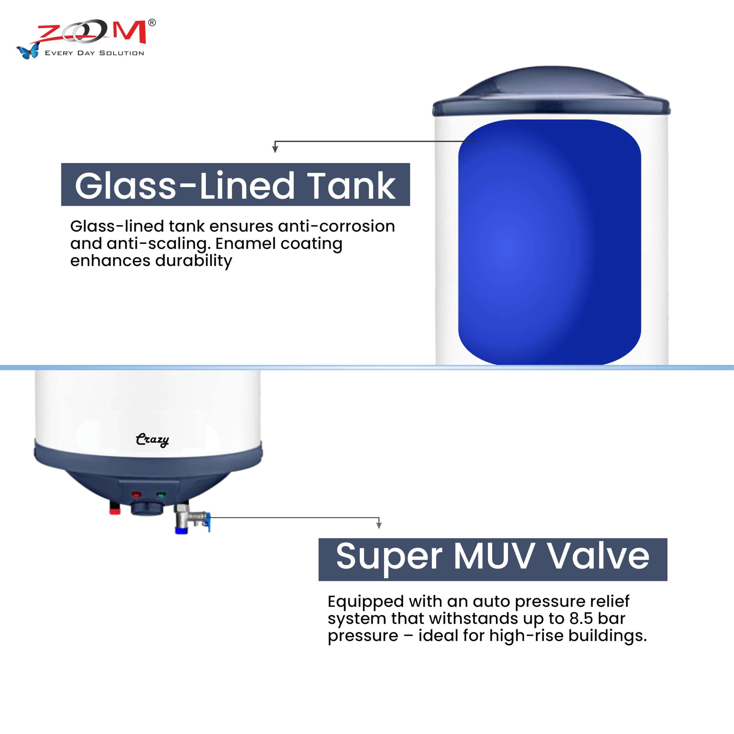 ZOOM Crazy 15 Litre Storage Water Heater Electric Geyser for Home/Bathroom | 5 Star Rating (BEE) | Shock Proof ABS Body | Glassline Tank | 8.5 Bar Pressure | 2 KW | 2 Yr Product + 7 Year Tank Warranty 5