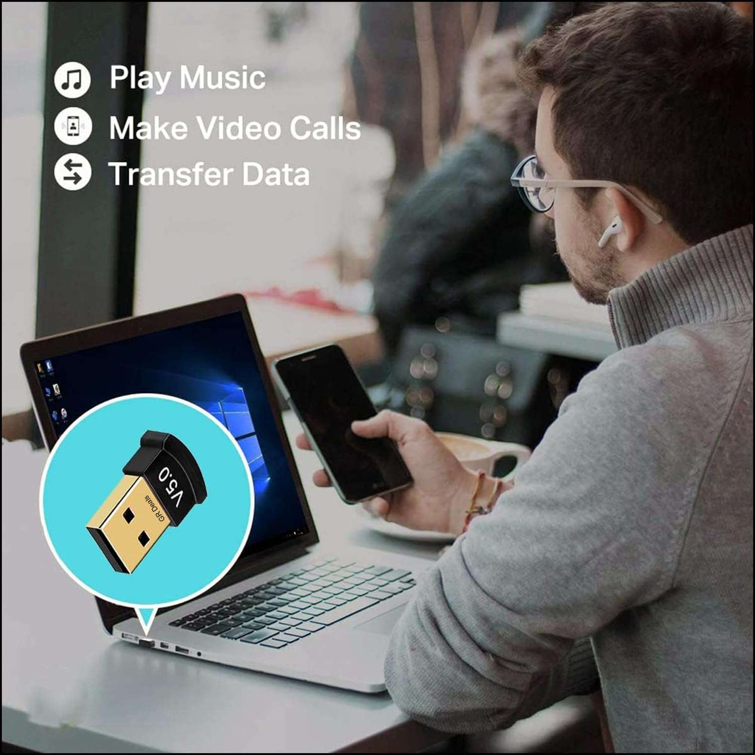 GR Deals USB Bluetooth Adapter for PC, 5.0 Bluetooth Dongle Receiver Supports Windows 11/10/8.1/7 for Desktop, Laptop, Mouse, Keyboard, Printers, Headsets, Speakers. Black. (Pack of 2) 5