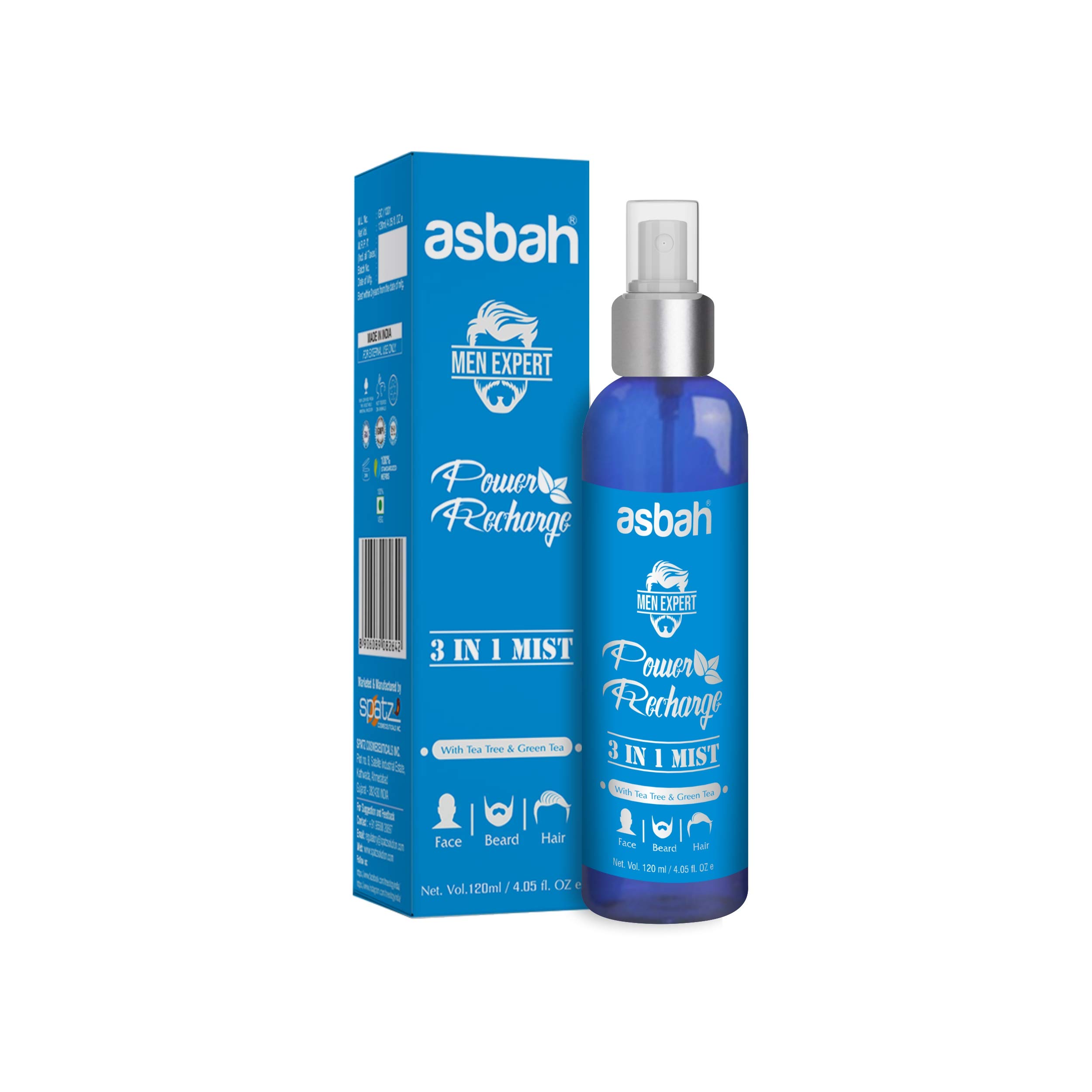 Asbah Men Expert 3 in 1 Mist For Face, Beard & Hair, Deep Cleansing, Waterless Face cleanser, Beard & Hair Conditioner 120ml