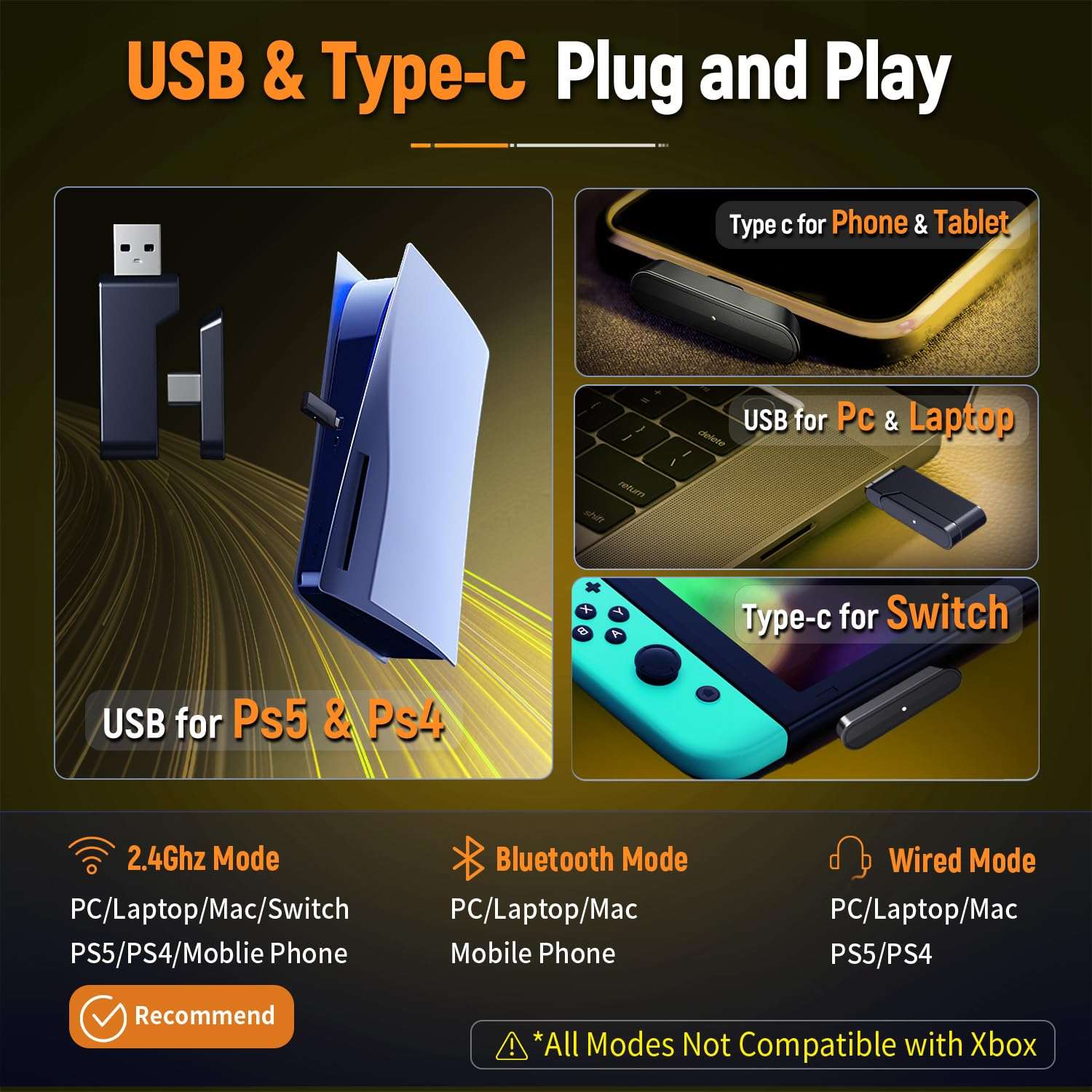 Ozeino Wireless Gaming Headsets for PC, Ps5, Ps4 - Lossless Audio USB-A & USB-C Gaming Headphones with Flip Mic, 30-Hr Battery Bluetooth Headset for Switch, Laptop, Mobile, Mac 6