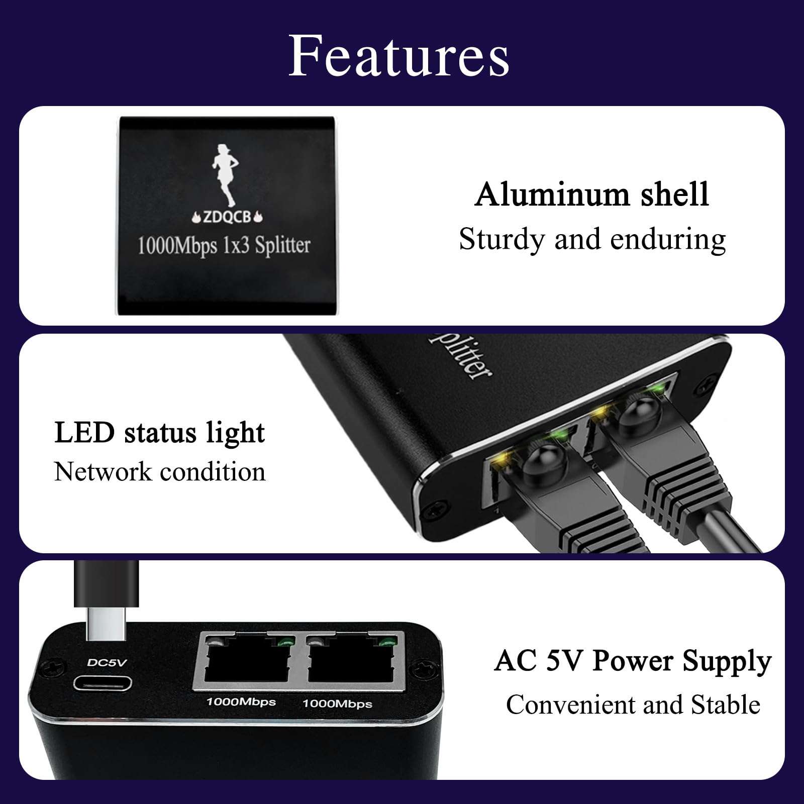 ZDQCB Ethernet Splitter 1 to 3, RJ45 Splitter Adapter Lan Network Internet Splitter 1 to 3, Ethernet Cable Splitter High Speed Internet&Ethernet Switch for Cat5 Cat5e Cat6 Cat 7 Cable(1 to 3 1000Mbps) 5