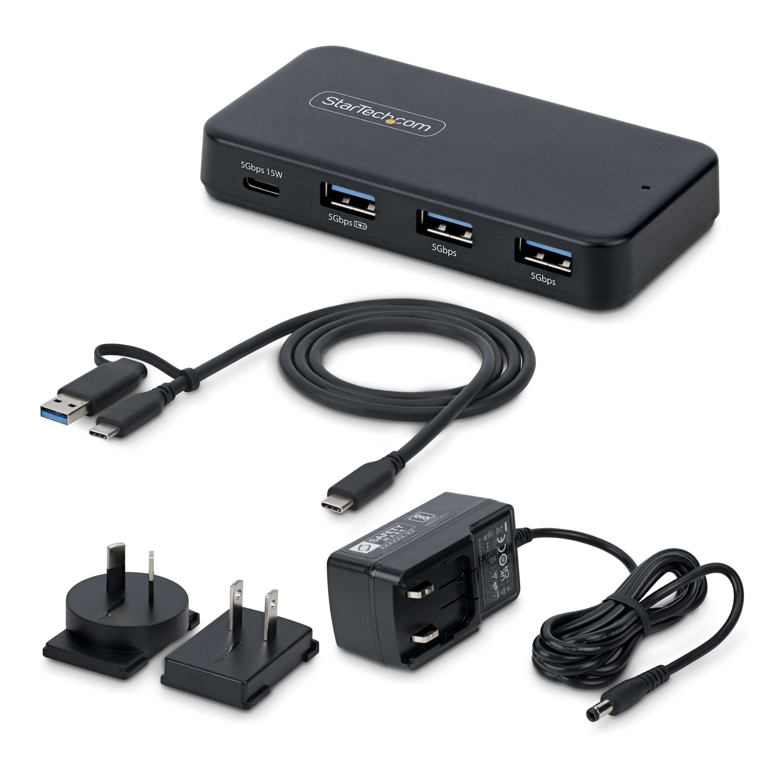 StarTech 4-Port USB-C and USB-A Hub, 5Gbps, Self-Powered, 2-in-1 Host Adapter Cable, 1x USB-C and 3X USB-A (1x BC 1.2), 36W Power Adapter Incl., MacBook and Windows 4