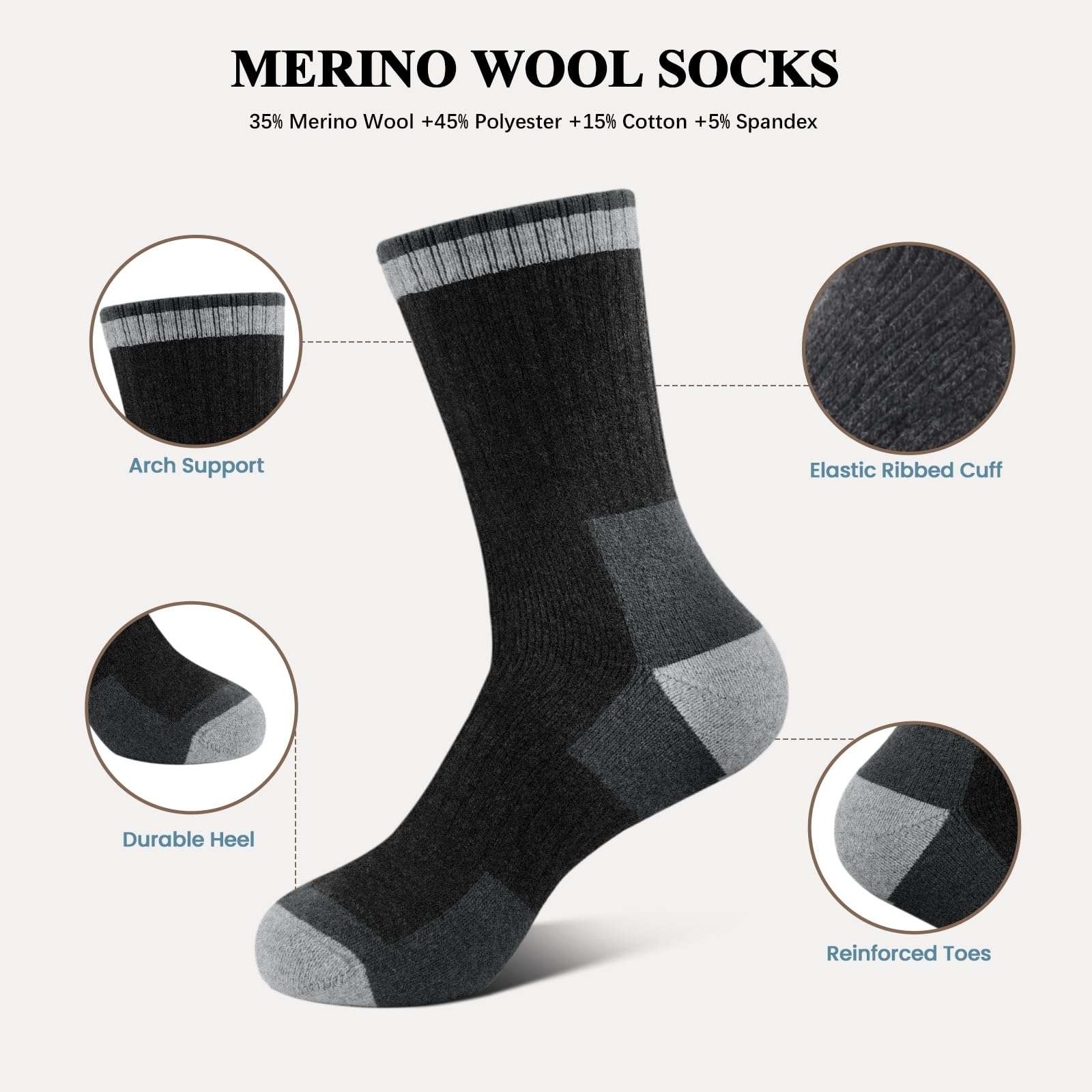 BESTENA 5 Pairs Hiking Wool Socks for Men Thick Thermal Socks Boot Socks Crew Socks for Cold Weather 5