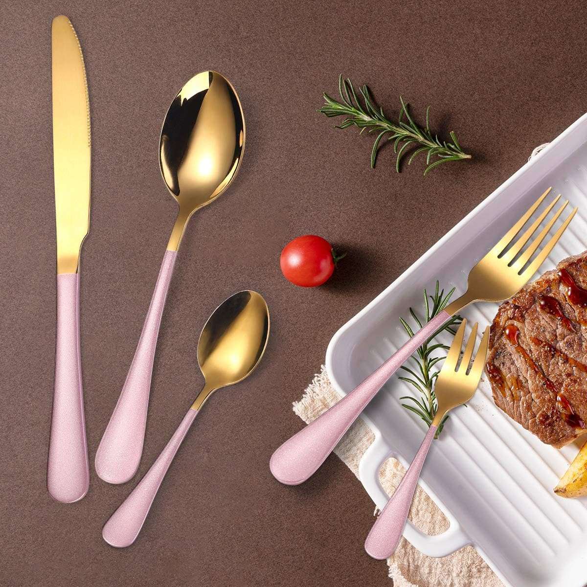 KitchAntique Set of 48 Premium Gold Cutlery with Pink Handle | Stainless Steel Flatware, 12 Dinner Spoons, 12 Forks, 12 Butter Knives, 12 Teaspoons | Reusable for Home & Corporate Gifting 3